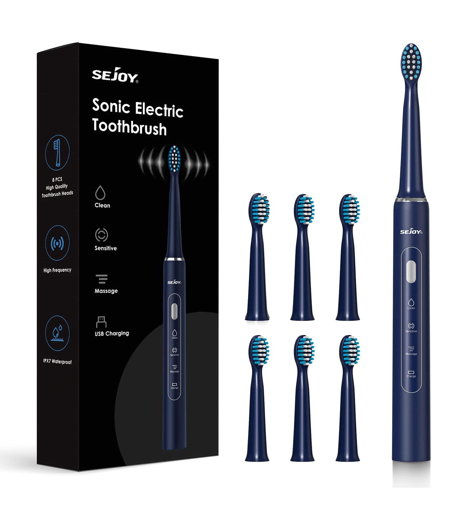 Rechargeable Sonic Electric Toothbrush with 7 Brush Heads - 3 Modes, Smart Timer, IPX7 Waterproof - Blue (Teens & Adults) - Buy Online on GoSupps.com