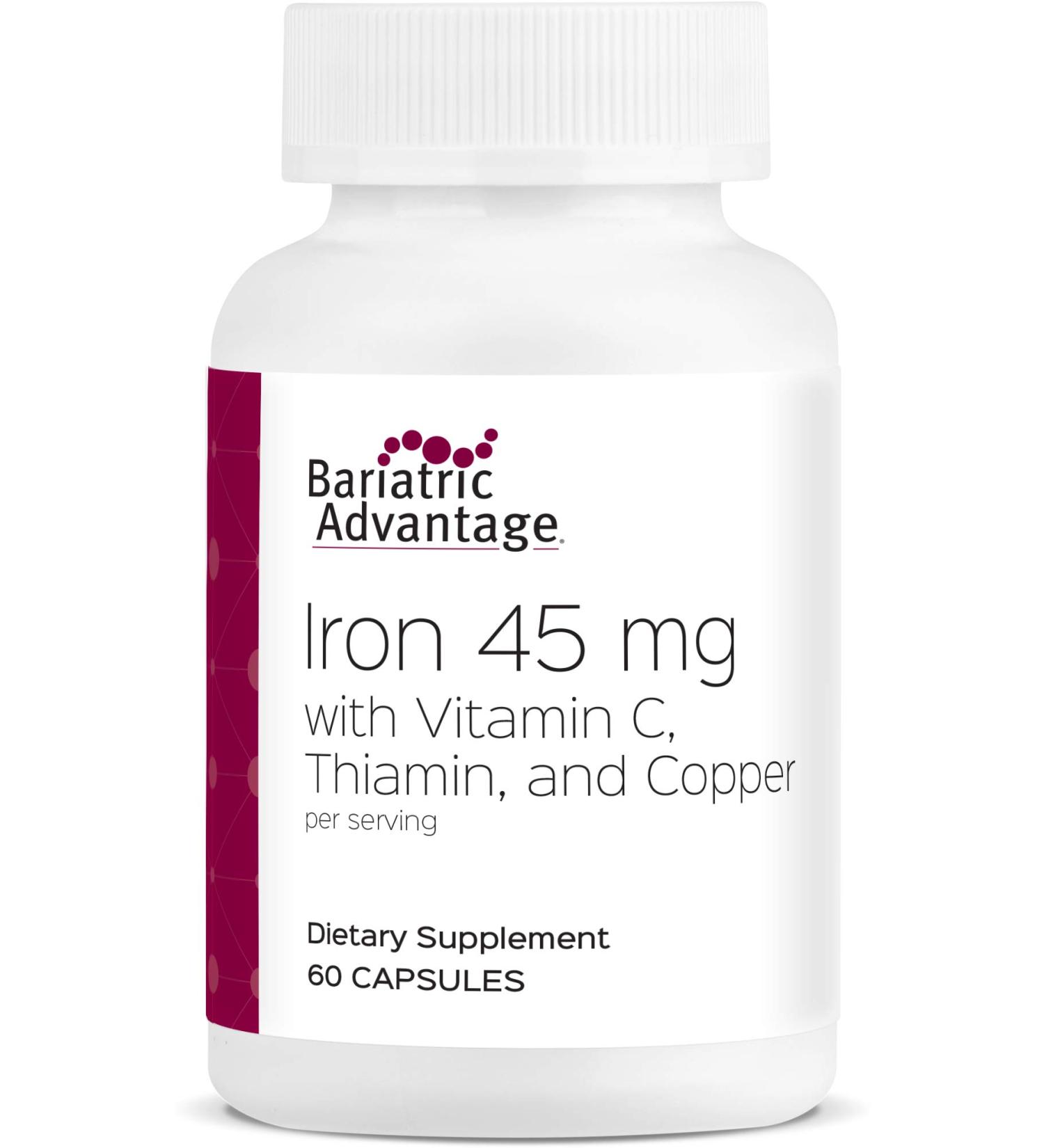 Bariatric Advantage Iron 45 mg with Vitamin C, Thiamin & Copper - 60 Count | Easily Digestible for Gastric Bypass & Sleeve Gastrectomy Patients - Buy Online on GoSupps.com