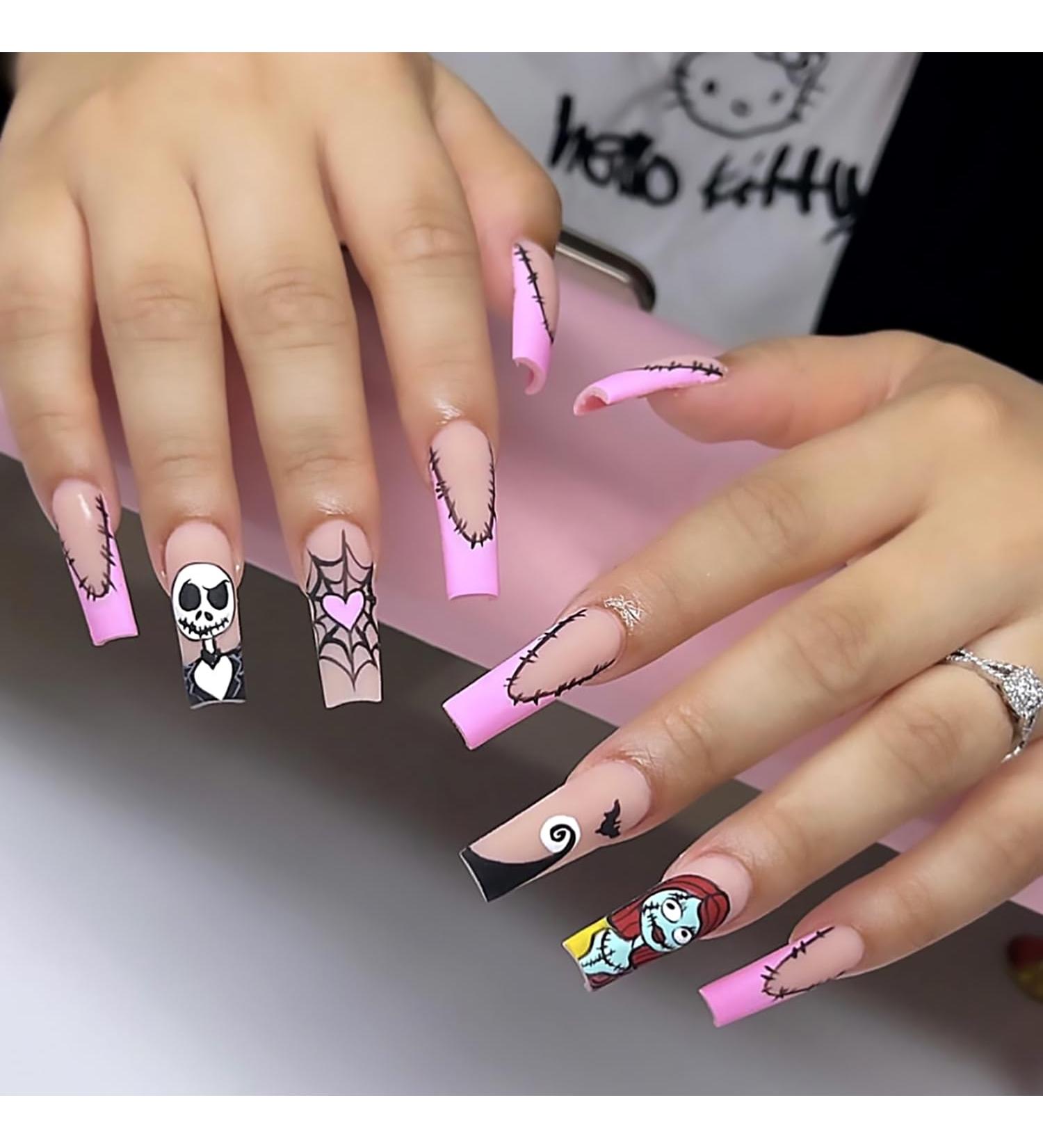 Halloween Press On Nails - Coffin Long Pink French Tip - Spider Web & Puppet Designs - Full Cover Glue-On Artificial Nails for Women - Buy Online on GoSupps.com
