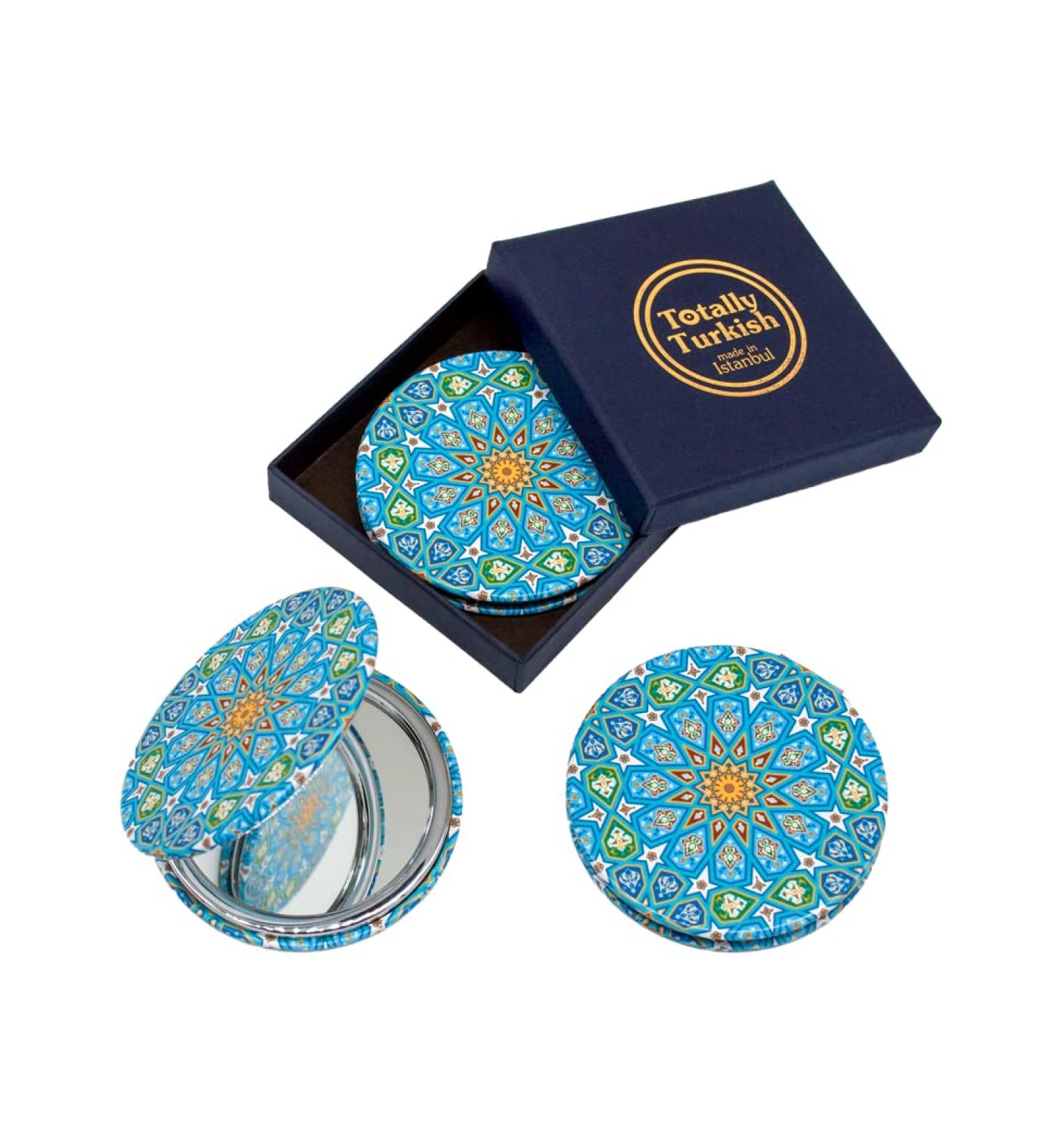 Totally Turkish Metal Compact Mirror Small Folding Round Mirror With Magnetic Close 1x & 2x Magnification For Handbags Make-Up Travel & Commutes Bright & Funky Geometric Pattern (Sky Blue) - Buy Online on GoSupps.com