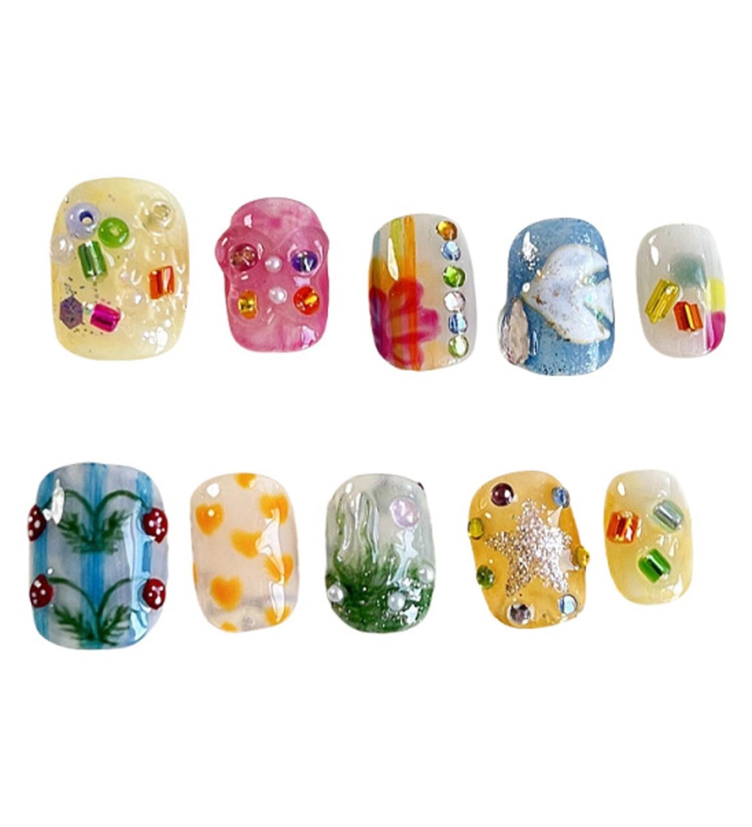 Short square and round cute fake nails with diamonds natural full coverage fake nails for women multiple sizes with glue and tools(XS) - Buy Online on GoSupps.com