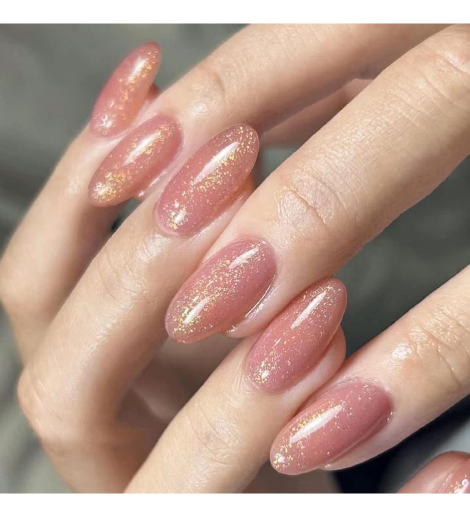 Justotry 24 Pcs Glitter Oval Short False Nails Blush Pink French Press on Nails | Nail Art Set with Nail Glue | Almond Medium Stick on Nails for Women - Buy Online on GoSupps.com