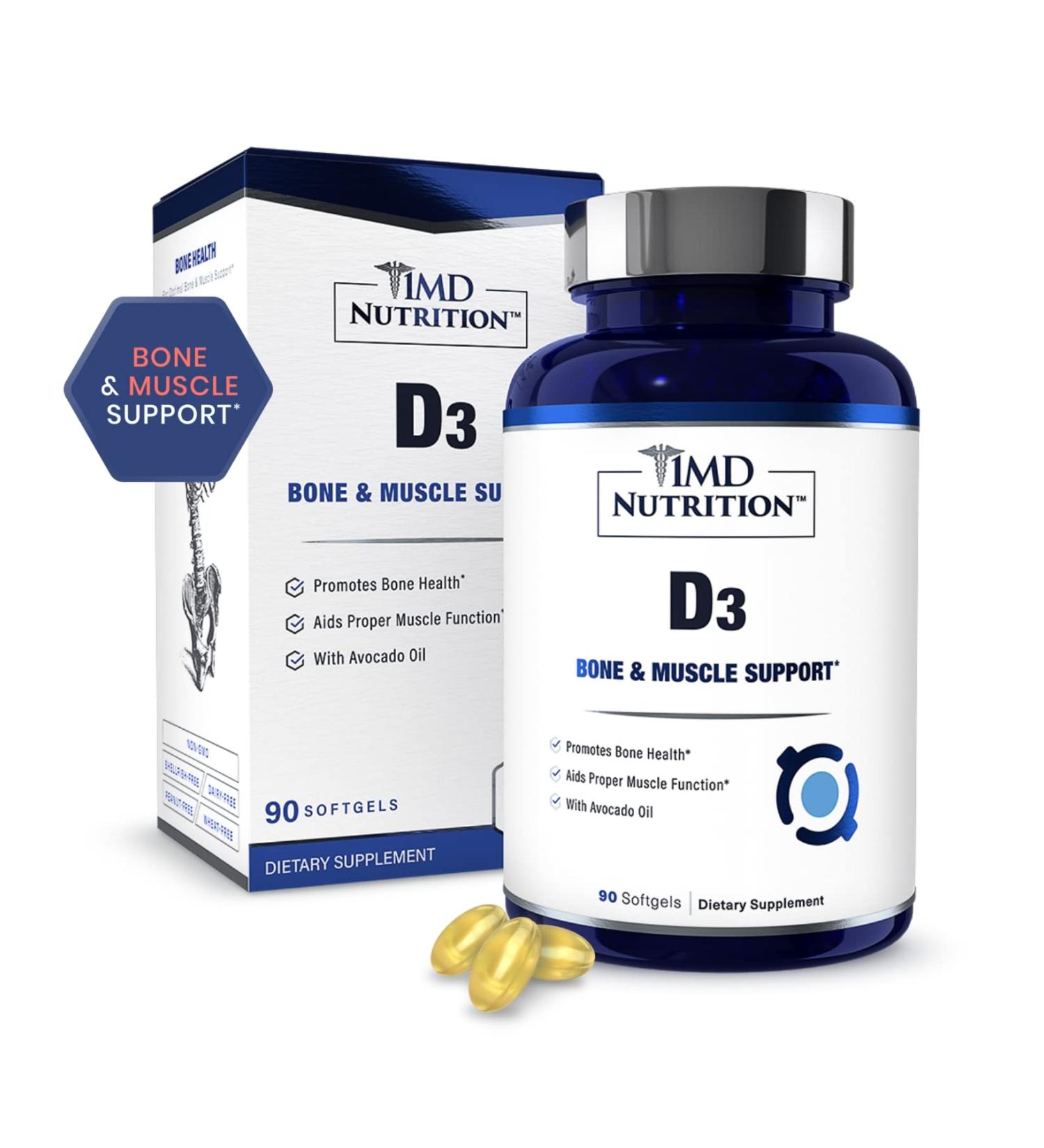 1MD Nutrition Vitamin D3 5000 IU Softgels | Bone Health, Muscle Function & Immune Support | Gluten Free & Non-GMO | 3-Month Supply - Buy Online on GoSupps.com