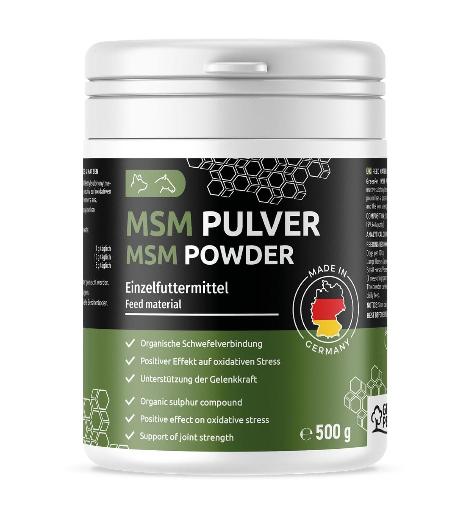 Greenpet MSM Powder for Dogs & Horses | 500g High-Purity Methylsulfonylmethane | 99.94% Pure Organic Sulfur for Joint Health Tendons & Cartilage Support - Buy Online on GoSupps.com