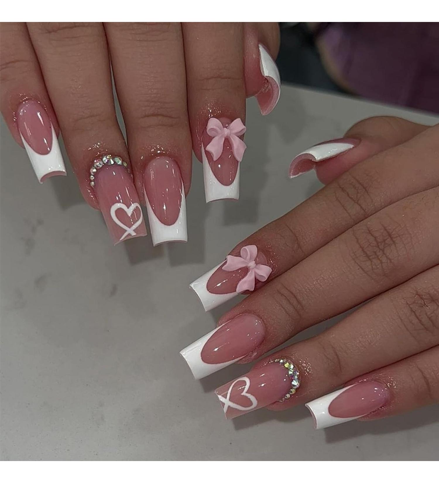 French Tip Press on Nails with Charms - Medium Long Square Acrylic Nails | Cute Bow & Rhinestones for Women - Daily Wear Perfect French Nails - Buy Online on GoSupps.com