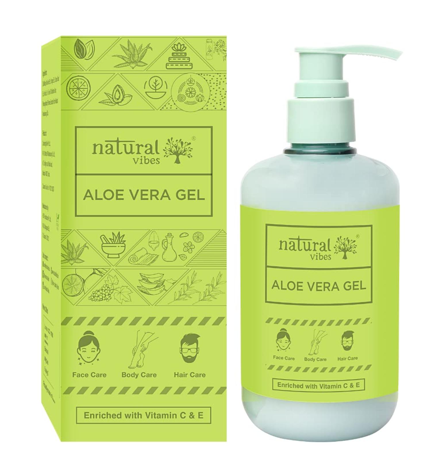 Natural Vibes Aloe Vera Gel | Vitamin C & E | Hydrate Glow Brighten Skin | Soften & Condition Hair | Reduce Acne | Face Hair & Body | Men & Women | All Skin & Hair Types | 300 ml - Buy Online on GoSupps.com