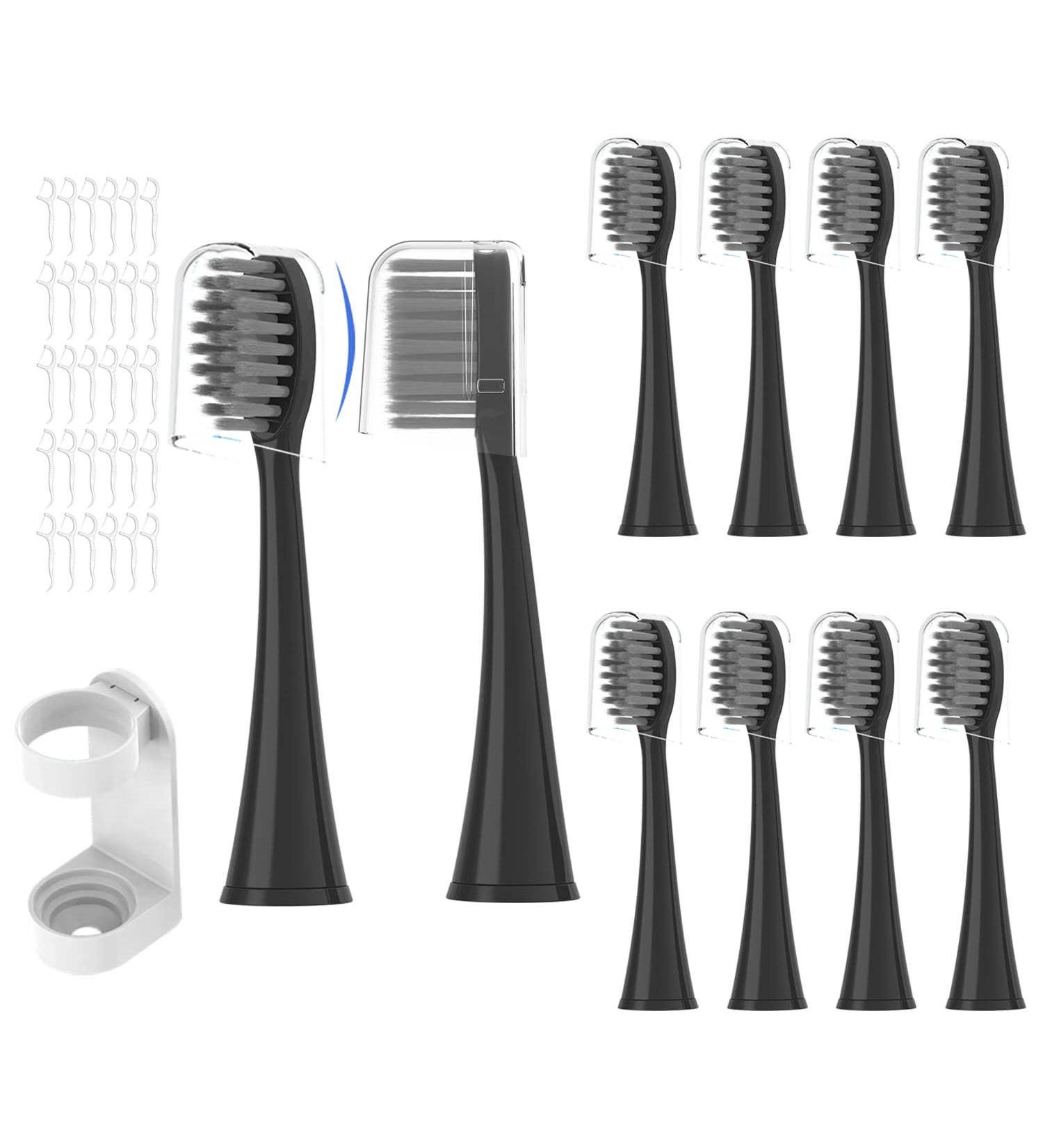 Burst Sonic Toothbrush Heads - 10 Replacement Heads + 30 Floss Picks + 1 Holder - Deep Cleaning Bristle Design - Black-Compatible with Burst Electric Toothbrush - Buy Online on GoSupps.com