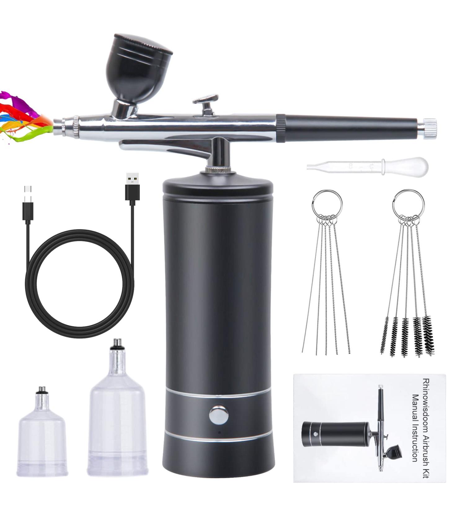 Rhinowisdom Upgraded Portable Cordless Airbrush Kit with Compressor - Rechargeable Handheld Set for Makeup, Nail Art, Model Coloring, Tattoo - Black - Buy Online on GoSupps.com