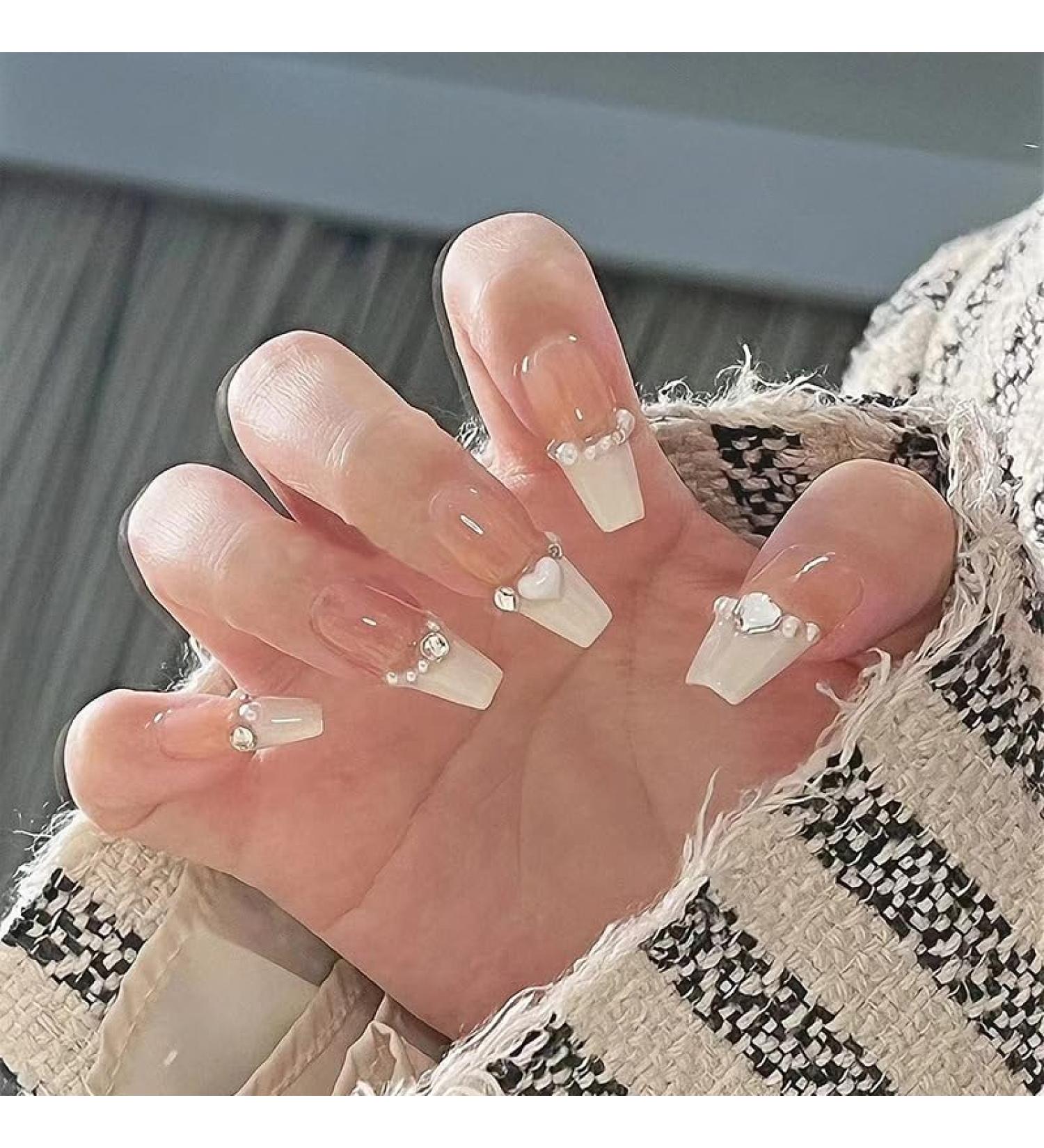 24Pcs/Set Press On Nails Autumn and Winter Temperament Naked Milk White French Pearl Pure Desire European and American Style Length False Nails Artificial Manicure Press on nails for Women and Girls - Buy Online on GoSupps.com