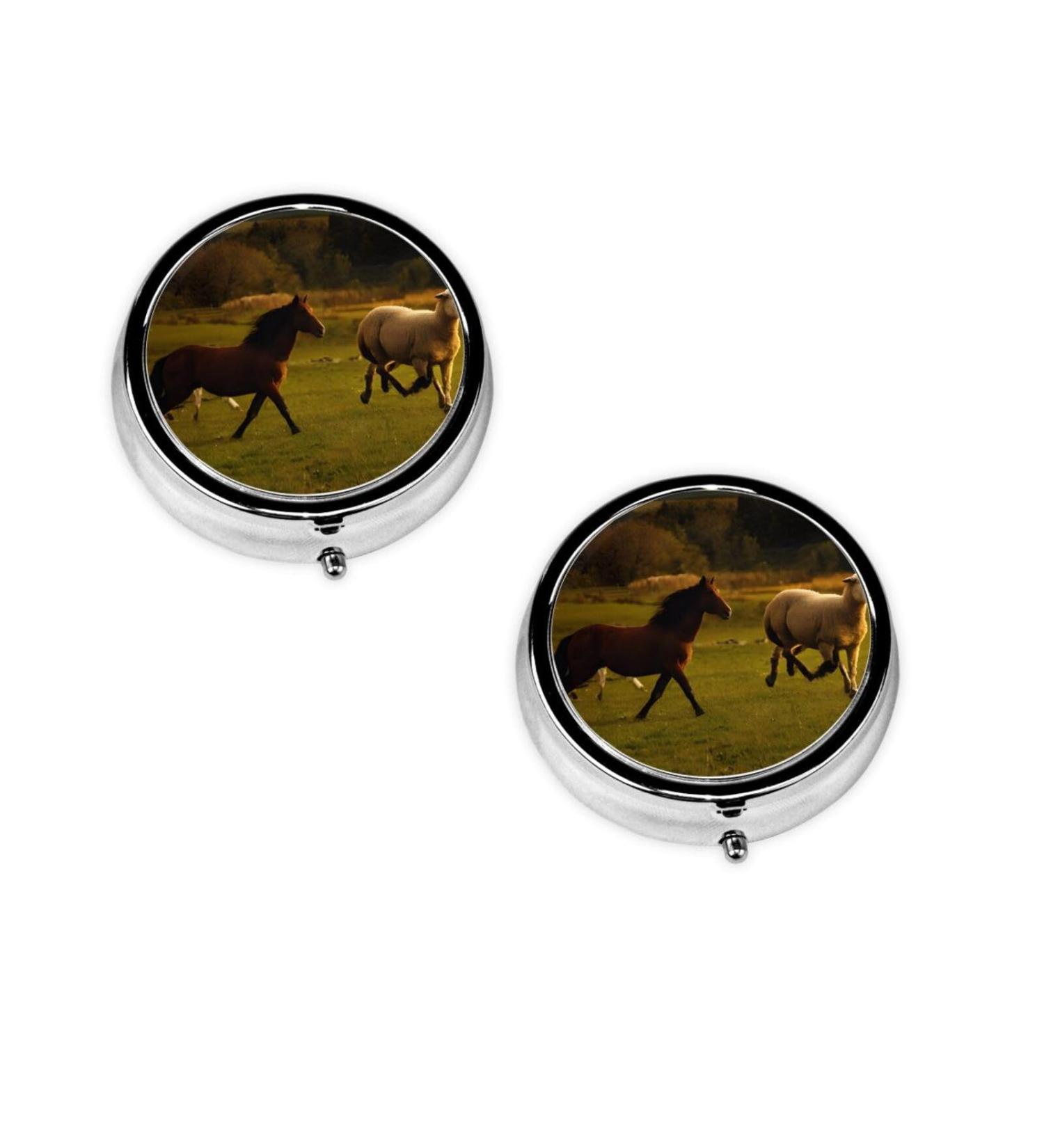 Black Horses Red Glowing Clouds Round Pill Box | 3 Compartment Mini Decorative Travel Medicine Organizer - Buy Online on GoSupps.com