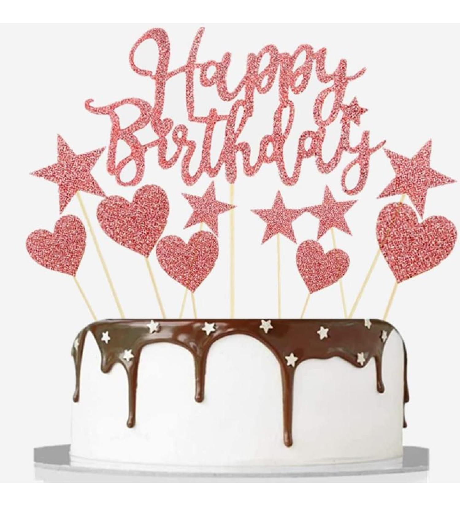 E-ASUM Handmade Glitter Happy Birthday Cake Topper - Heart and Star Cupcake Toppers for Birthday Party Decoration Supplies (Rose Gold)
