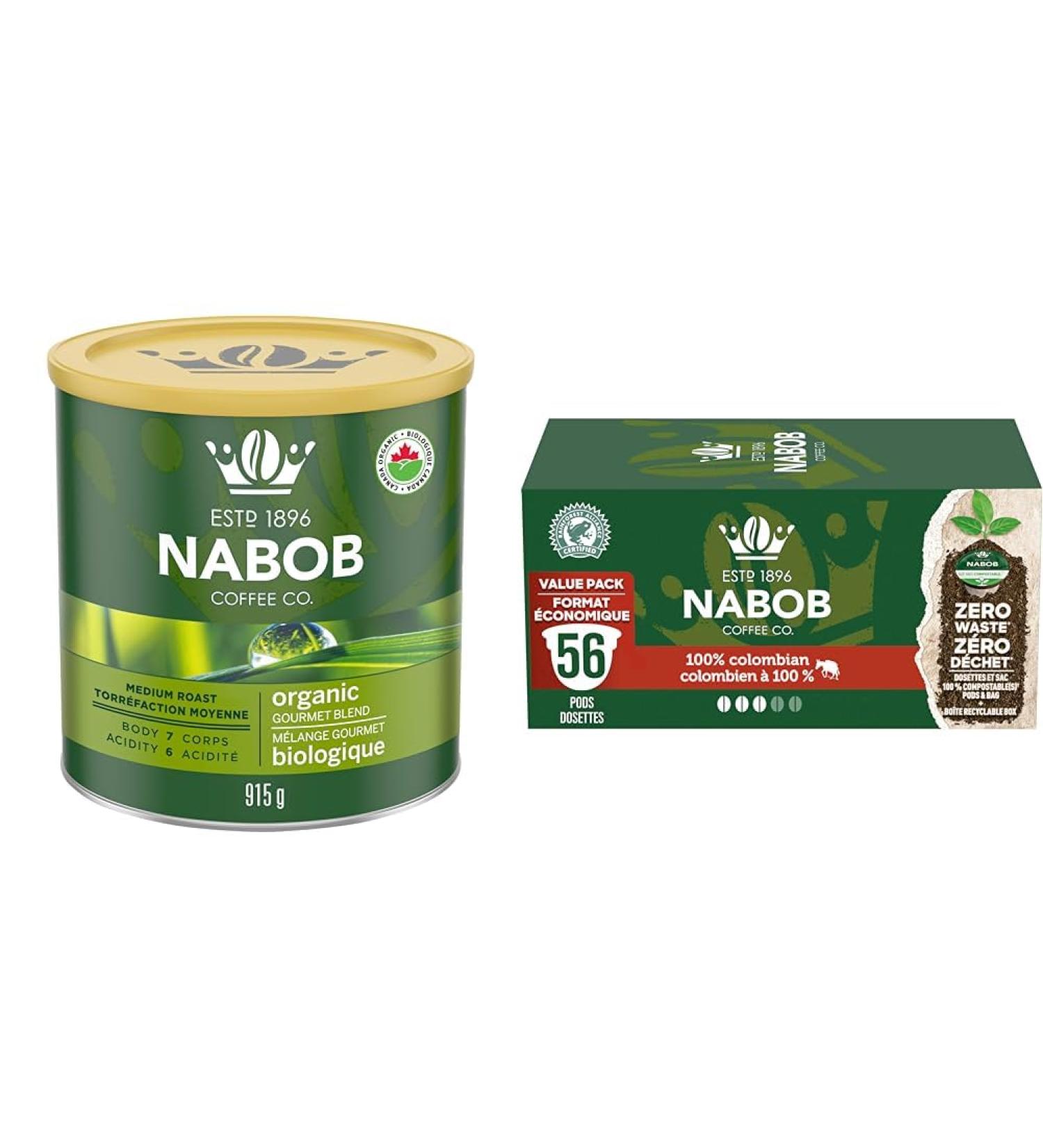 Nabob Organic Gourmet Blend Ground Coffee 915g & Biluocun Nabob 100% Colombian Coffee 100% Compostable Pods 56 count (Pack of 1) 915 g (Pack of 1) Coffee + Pods 56 count (Pack of 1) - Buy Online on GoSupps.com
