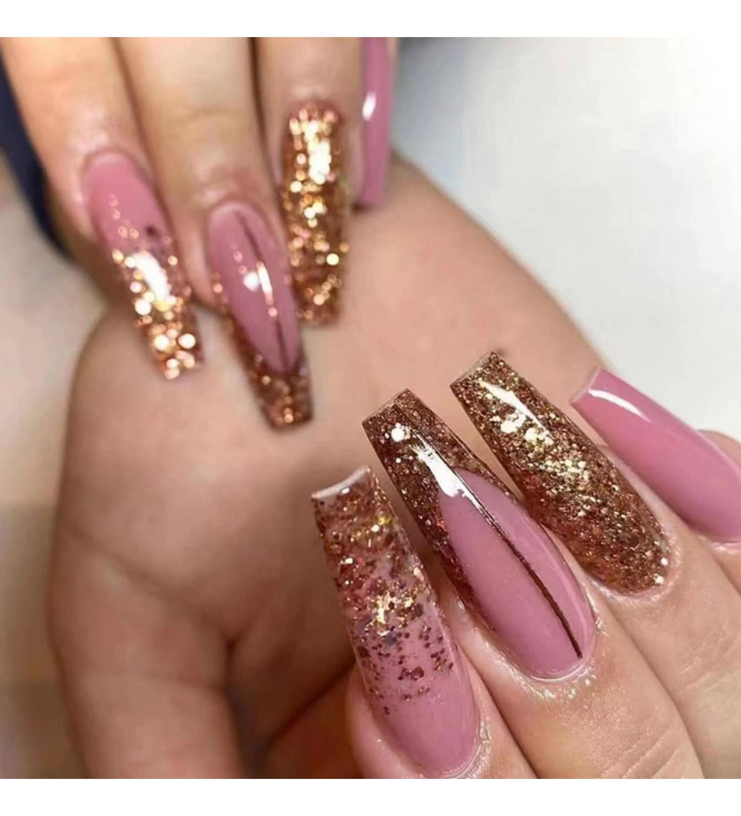 Justotry 24 Pcs Glitter Fake Nails Long Gold French Press On Nails | Beautiful Pink Ballerina Stick On Nails for Women | Acrylic Coffin False Nails with Glue for Nail Art - Buy Online on GoSupps.com