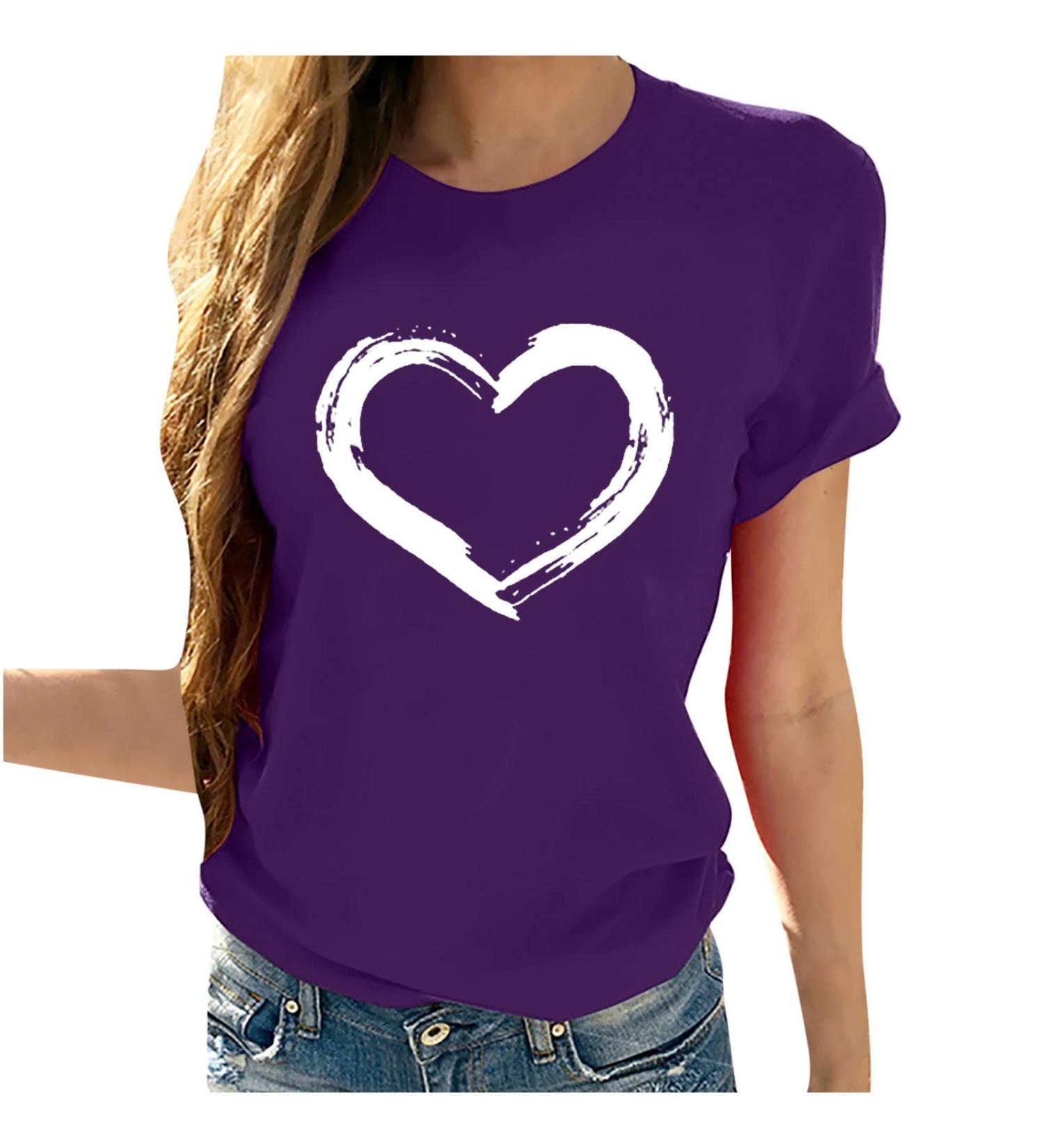 Womens Cute Love Heart Short Sleeve Top - Crewneck White Tee Blouse | Valentine Purple XL - Buy Online on GoSupps.com