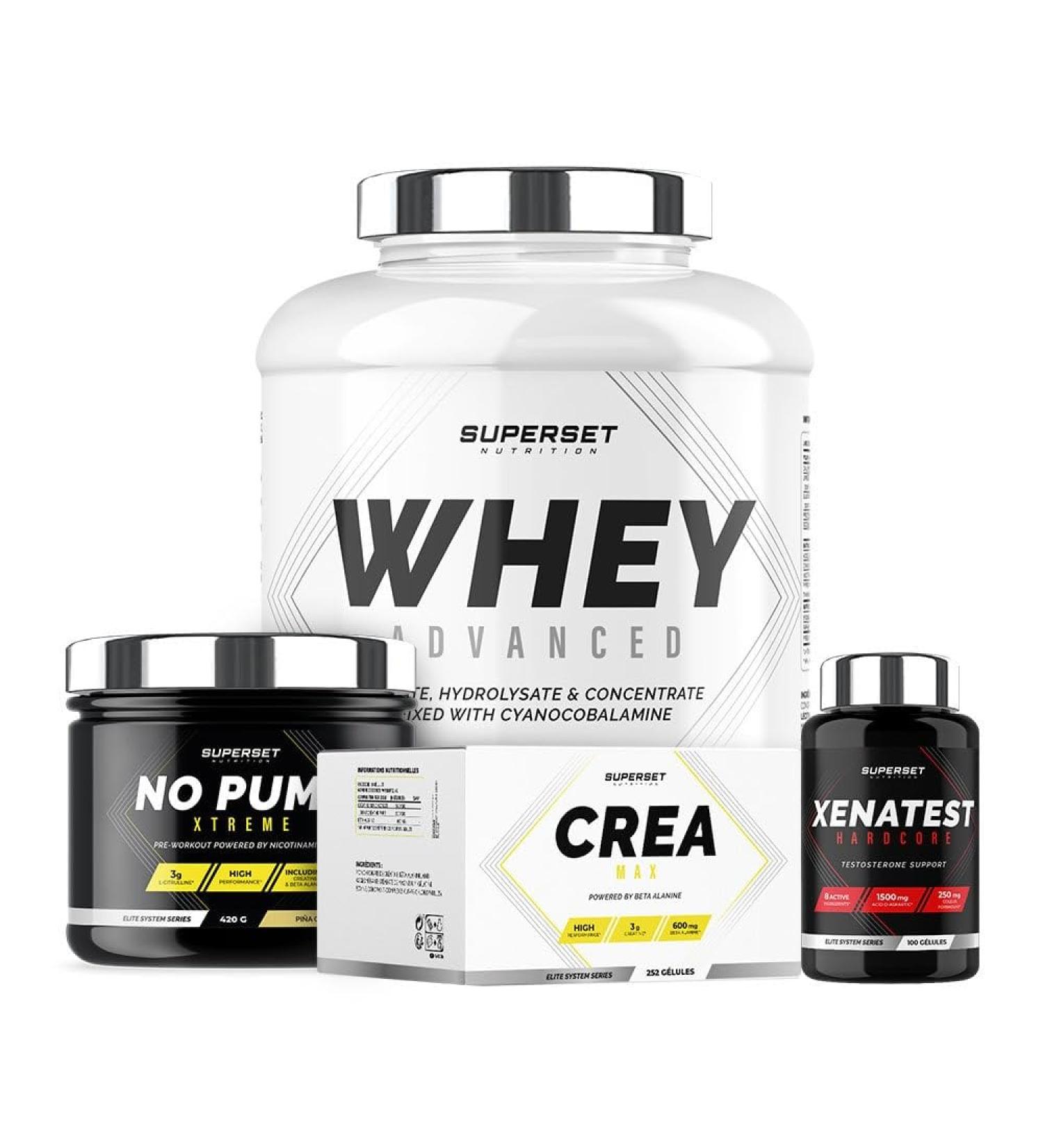 Superset Nutrition | Expert Dry Muscle Gain Program - 100% Whey Protein Advanced 2kg Mango - No Pump Xtreme - Cr a Max - Xenatest Hardcore - Buy Online on GoSupps.com