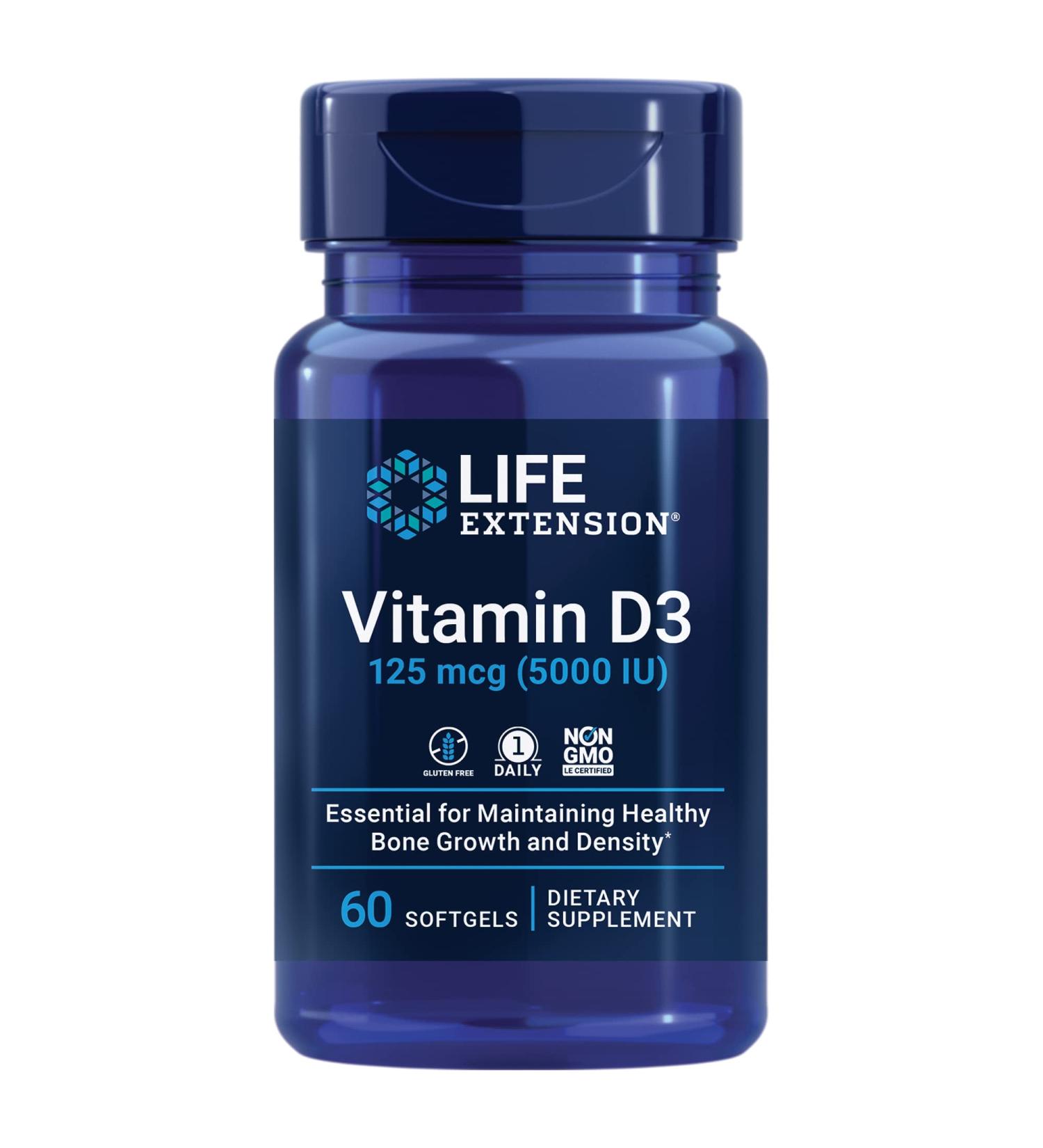 Life Extension Vitamin D3 125 mcg (5000 IU) - 60 Softgels for Immune Support - Buy Online on GoSupps.com