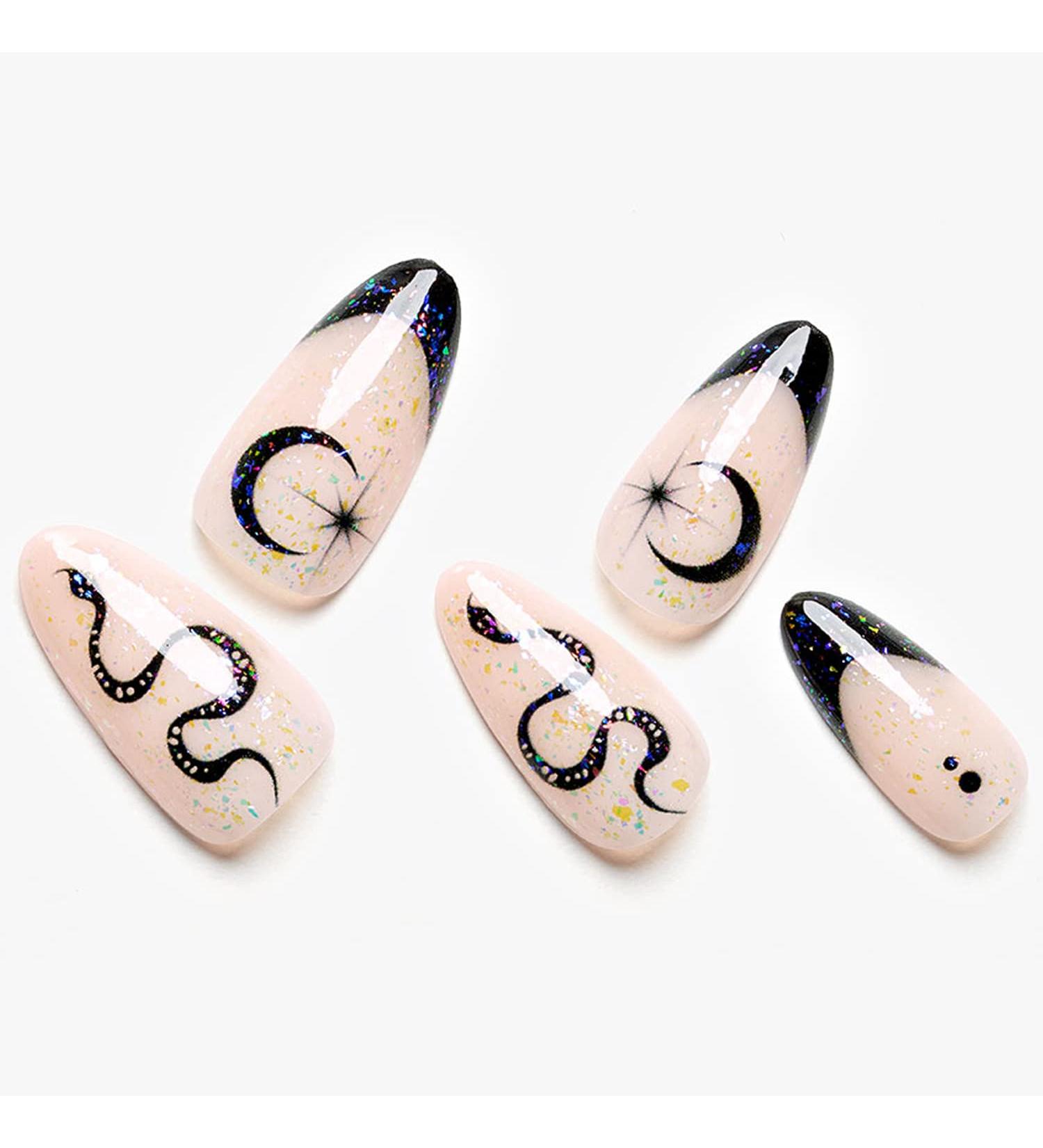 White French Tip Press-On Nails - Gothic Almond Acrylic False Nail Kit with Snake Design | 24Pcs C5-French - Buy Online on GoSupps.com