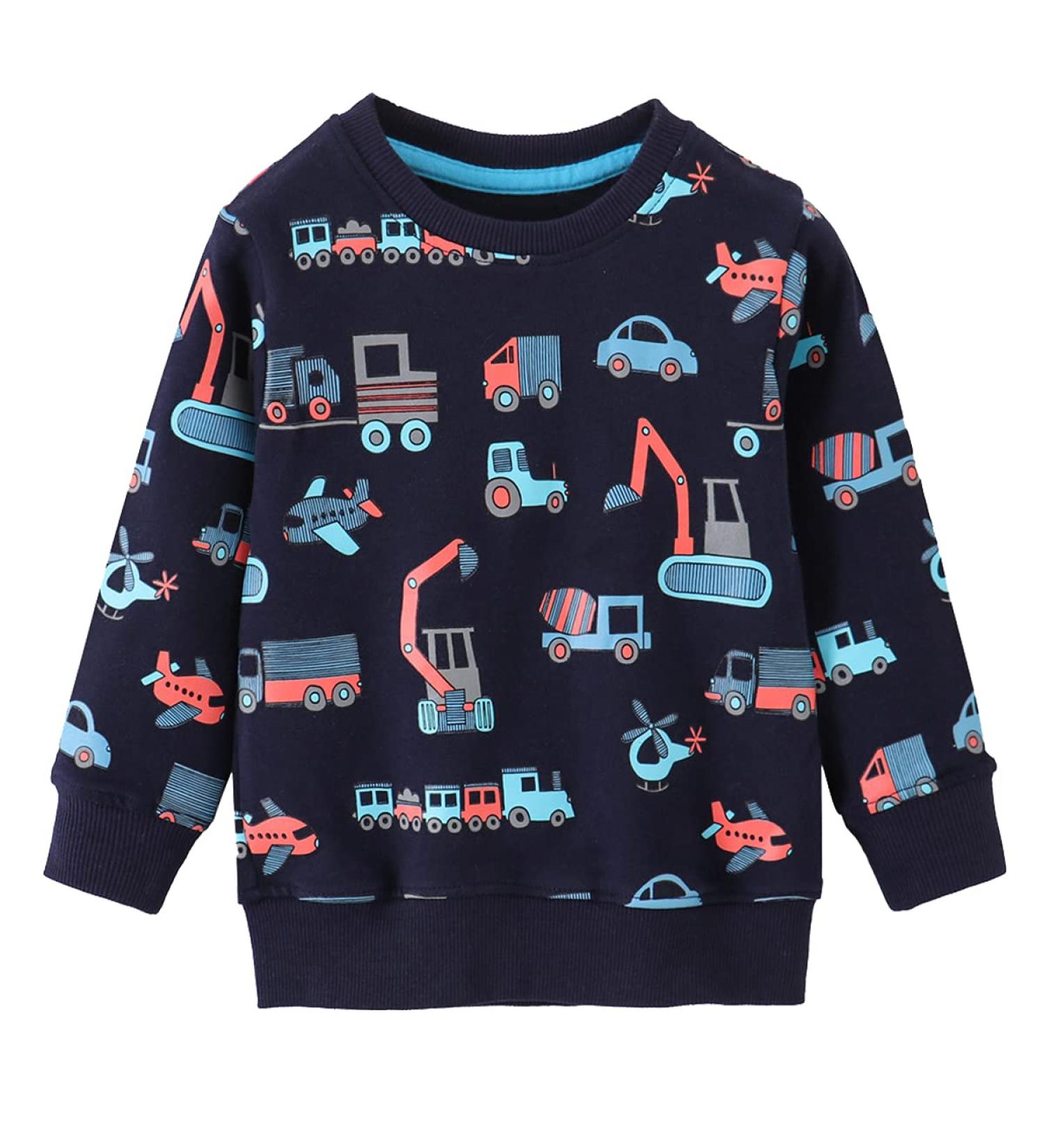 Eulla Boys' Dinosaur & Excavator Sweatshirt - Long-Sleeved Cotton Winter Top (Ages 1-7) - Dark Blue Tractor - Cozy Kids Apparel - Buy Online on GoSupps.com