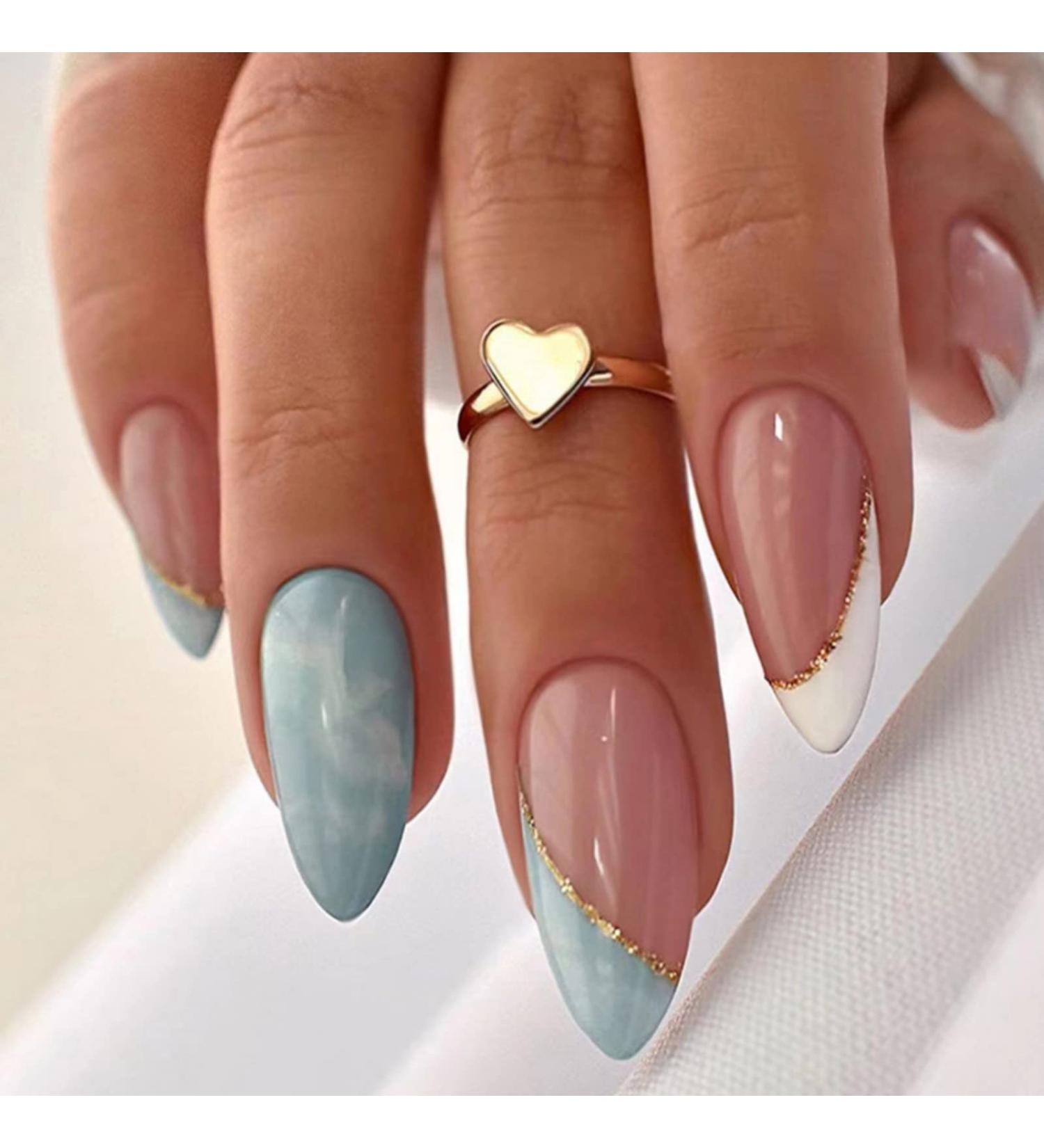 Justotry 24pcs Glitter Stiletto False Nails - Short Sky Blue French Press on Nails with Nail Glue - Almond Stick on Nails for Women - Nail Art Blue & Glitter - Buy Online on GoSupps.com