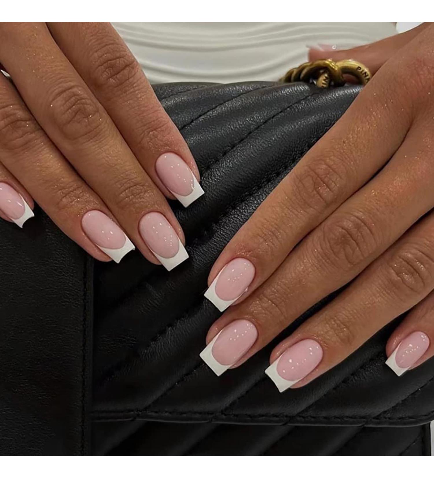 24 PCS White French Tip Press on Nails Pink False Nails | Glossy Square Fake Nails for Women | Full Cover Stick on Nails - A Style - Buy Online on GoSupps.com