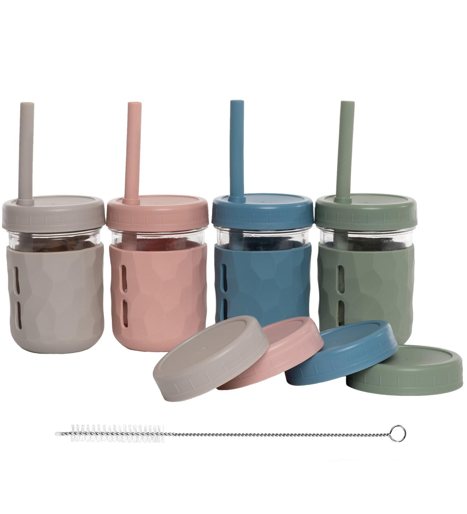 WeeSprout Glass Cups with Lids & Straws - Set of 4 Spill-Resistant Cups for Toddlers & Kids - Versatile Toddler Cups and Baby Food Storage Jars - Includes XL Silicone Straws and Easy-Grip Sleeves - 8 oz Matte Green, Pink, Blue - Buy Online on GoSupps.com