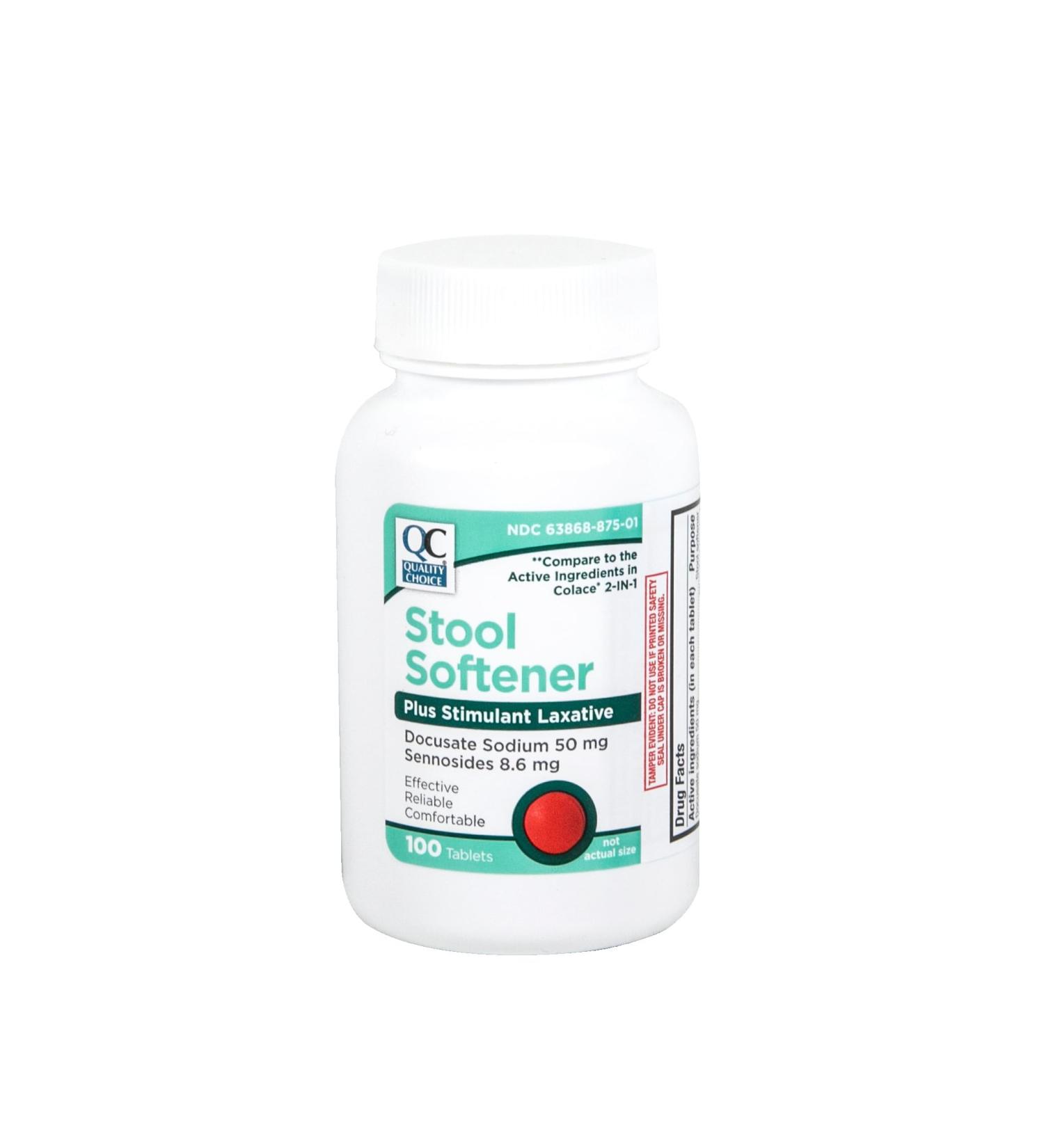 Quality Choice Stool Softener Plus Laxative for Gentle and Effective Relief from Constipation. Dual Action Docusate Sodium 50 mg and Sennosides 8.6 mg Formula. 100 Tablet Value Bottle