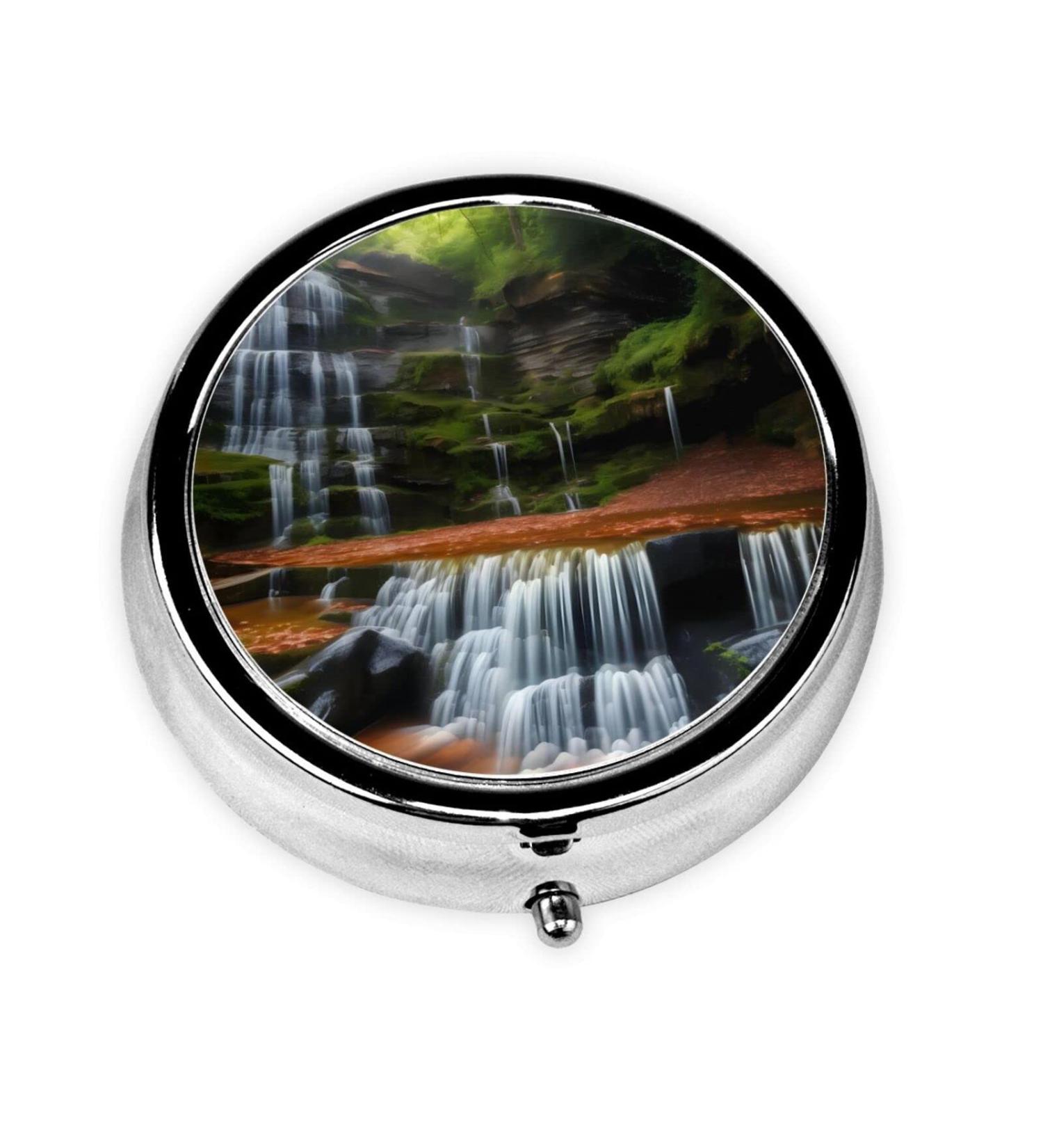 Waterfall View Round Pill Box - 3 Compartment Organizer for Travel | Portable Pocket Pill Holder - Buy Online on GoSupps.com