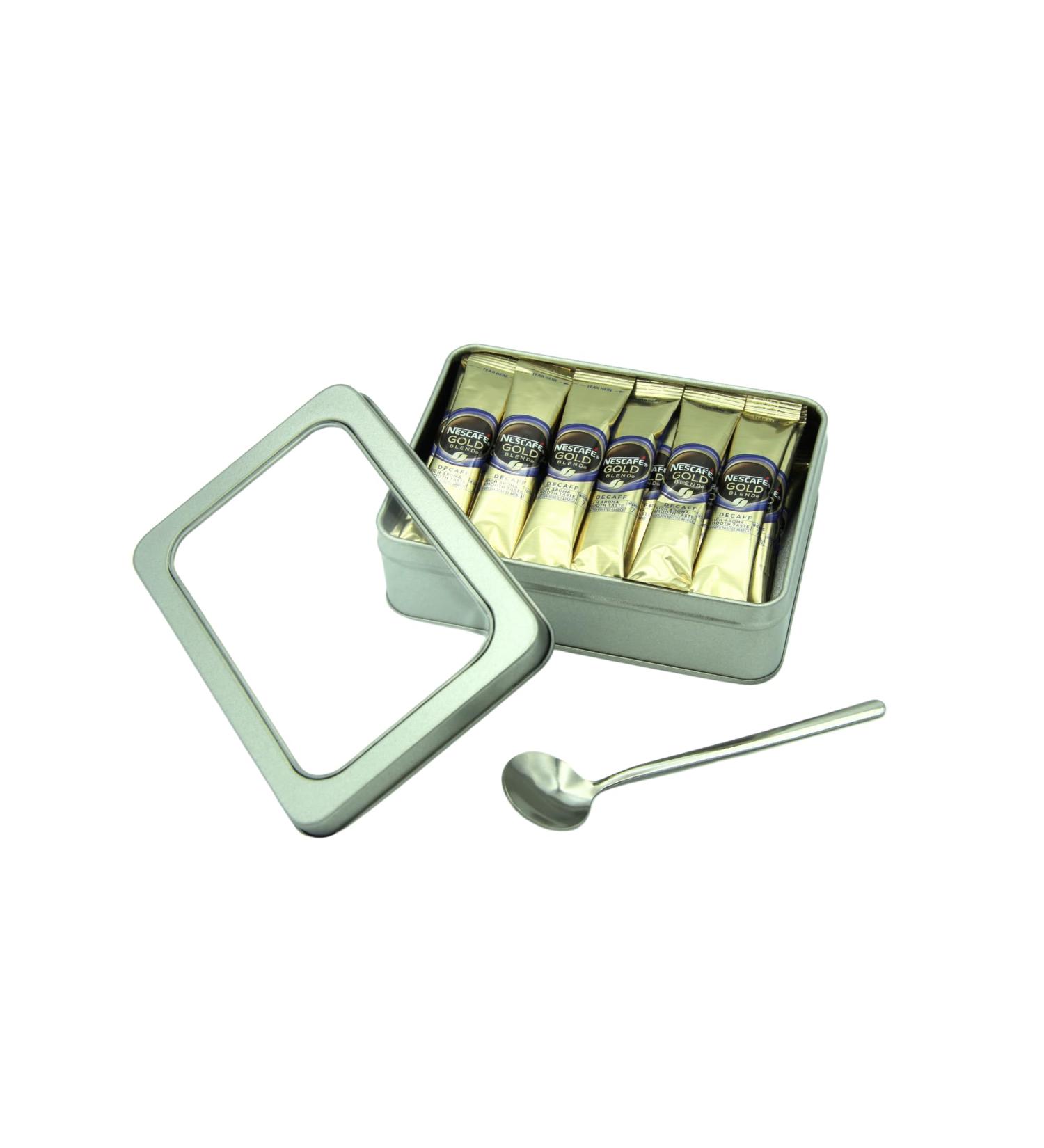 Nescafe Gold Blend Decaf Coffee Sachets Individually Wrapped 30 x 1.8g Bundle with Refillable Silver Window Lid Tin and Latte Spoon Set - For Home Desk or Travel - Buy Online on GoSupps.com