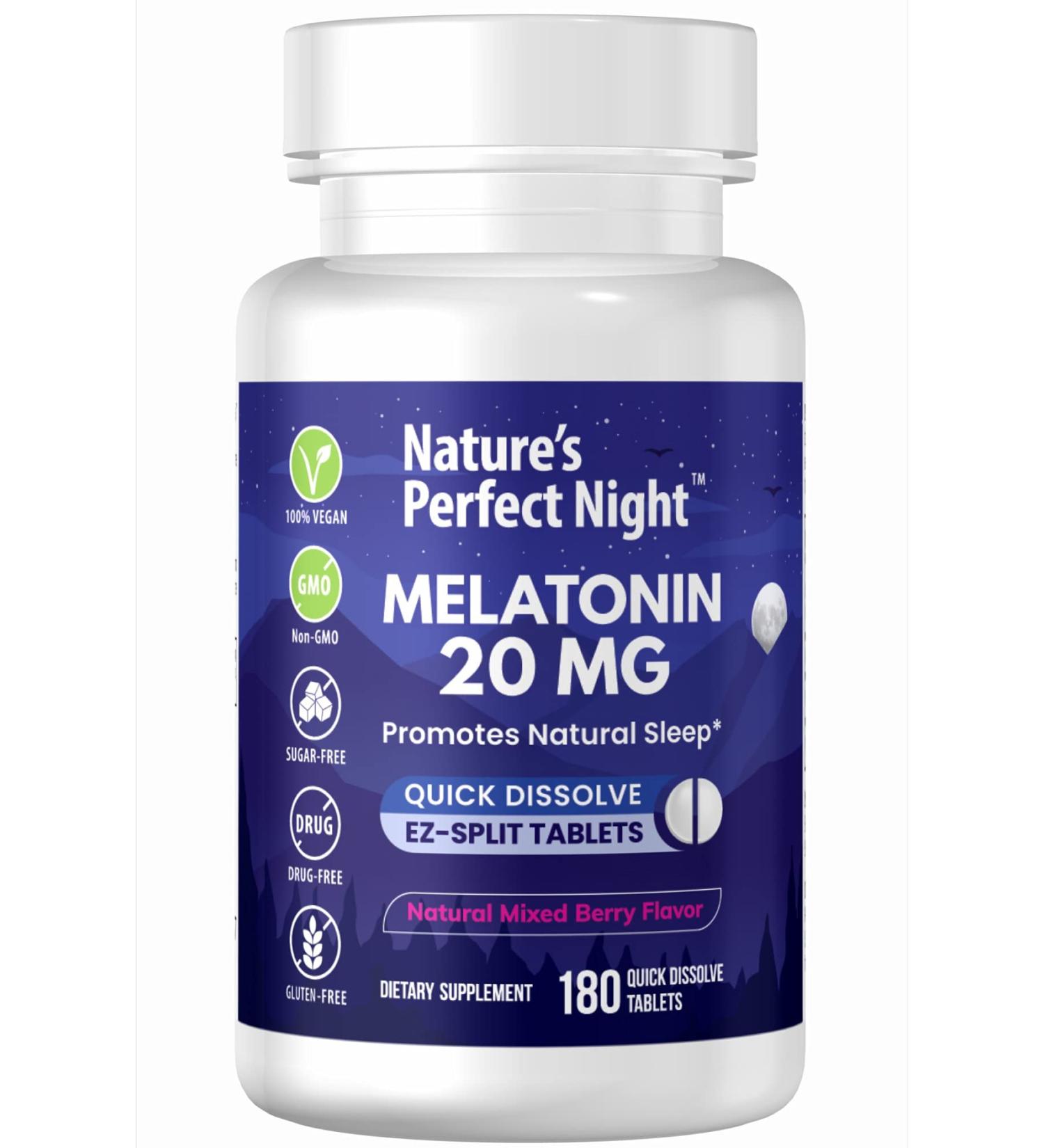 Nature's Perfect Night Melatonin 20mg - 180 Quick Dissolve Tablets, Mixed Berry Flavor - High Potency, Sugar Free, Vegan, Gluten Free - Value Size - Buy Online on GoSupps.com