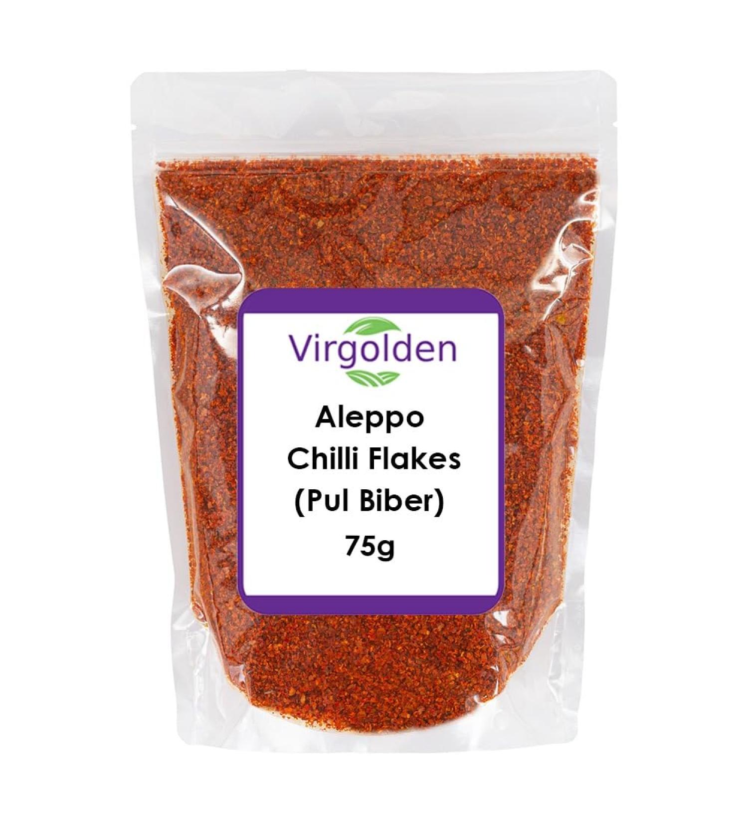 Aleppo Chilli Flakes (Pul Biber) Turkish Chilli 75g by Virgolden - Pul Biber Semi-Dried Red Pepper Middle East Cuisine Mildly Hot Marash Pepper - Buy Online on GoSupps.com