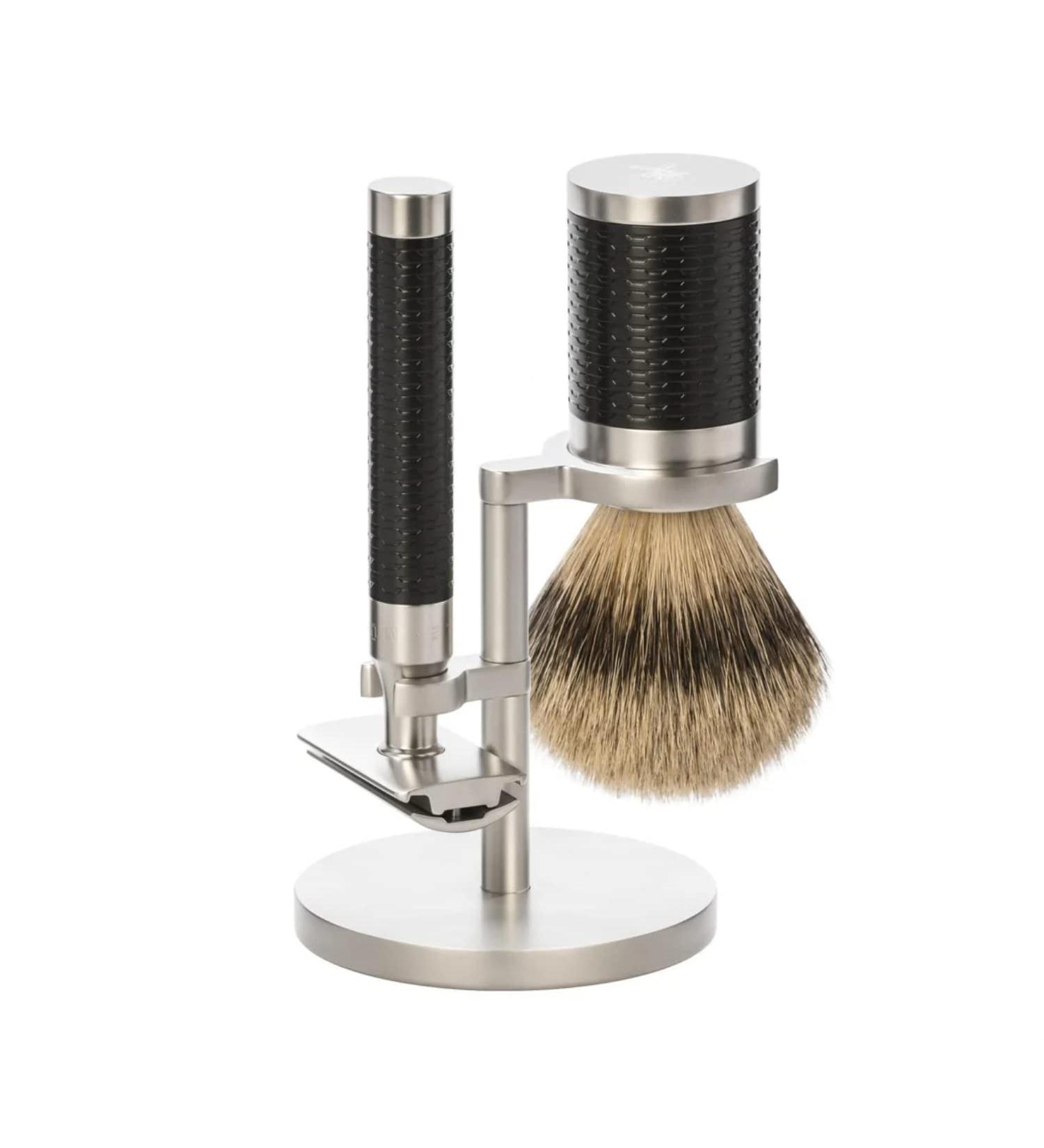 M HLE Rocca Shaving Set - Silvertip Badger Brush Safety Razor & Black Stainless Steel Holder | Premium Men's Grooming Essentials - Buy Online on GoSupps.com