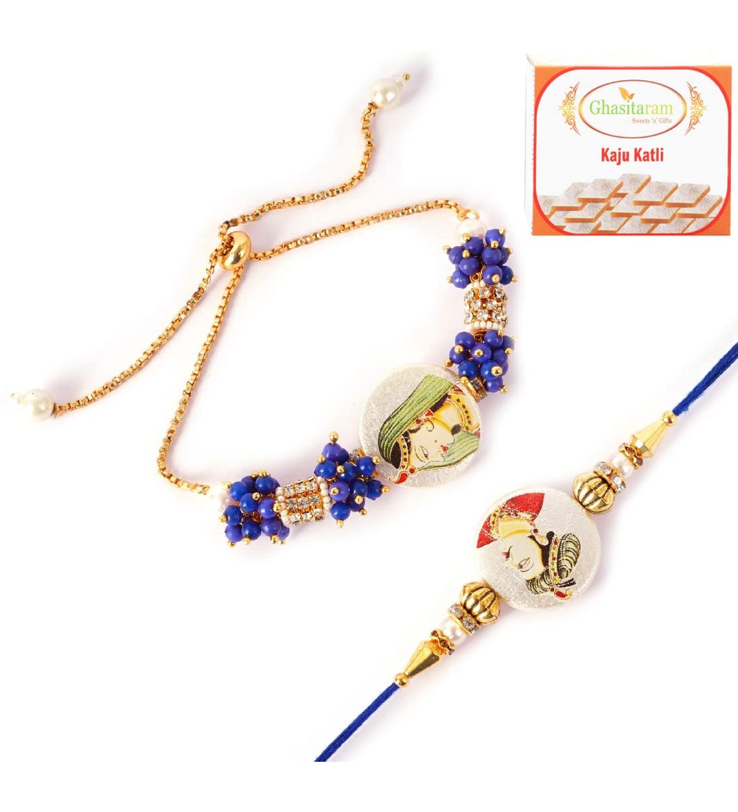 Ghasitaram Gifts Rakhis Online - Rakhi for Brother-King Queen Bhaiya Bhabhi Rakhi with 200 GMS of Kaju katli Rakhi Set with 200 gms of Kaju katli - Buy Online on GoSupps.com