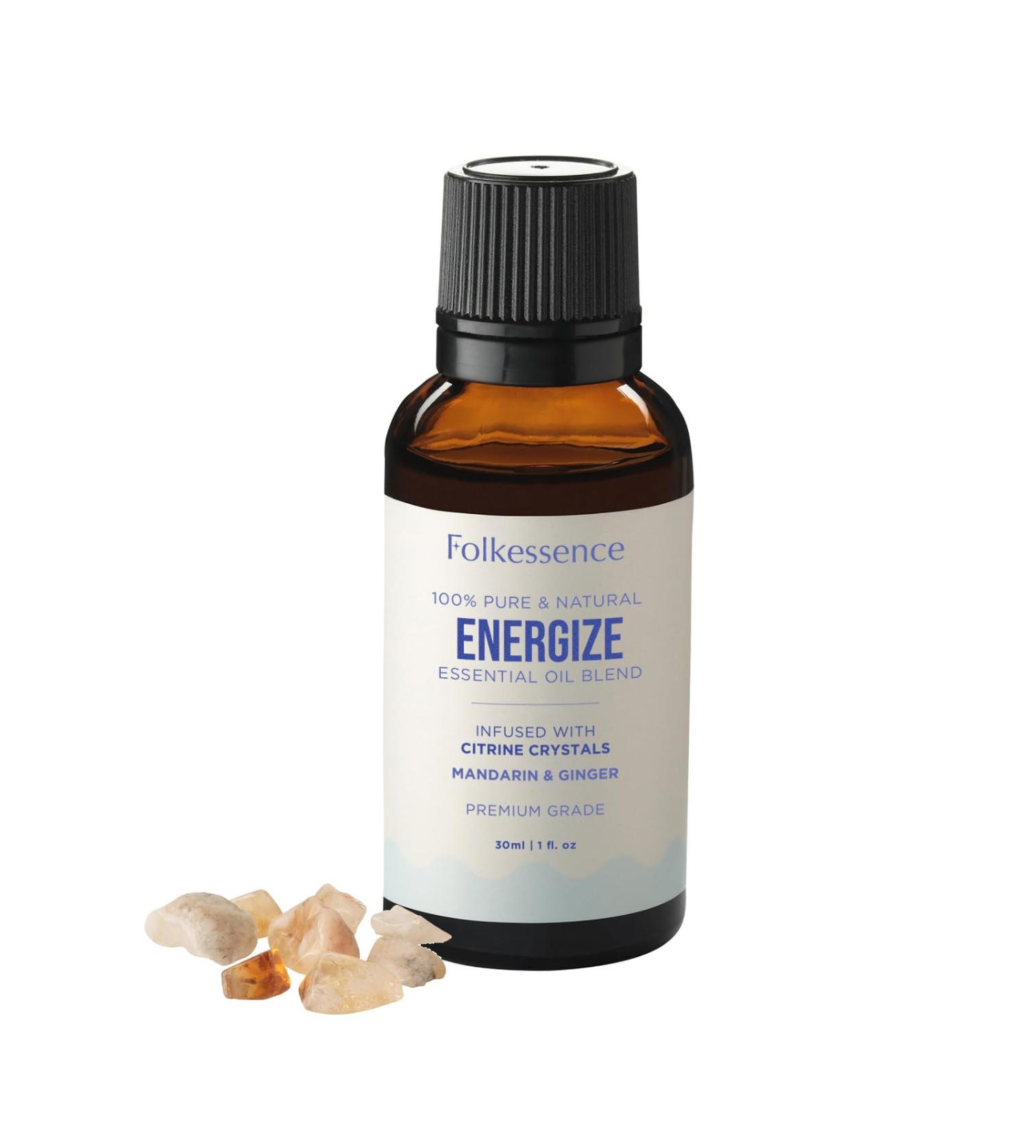 Folkulture Energize Essential Oil Blends - 100% Pure Mandarin & Ginger Aromatherapy with Citrine Crystals | 1 Fl Oz - Premium Home Diffuser Oil - Buy Online on GoSupps.com