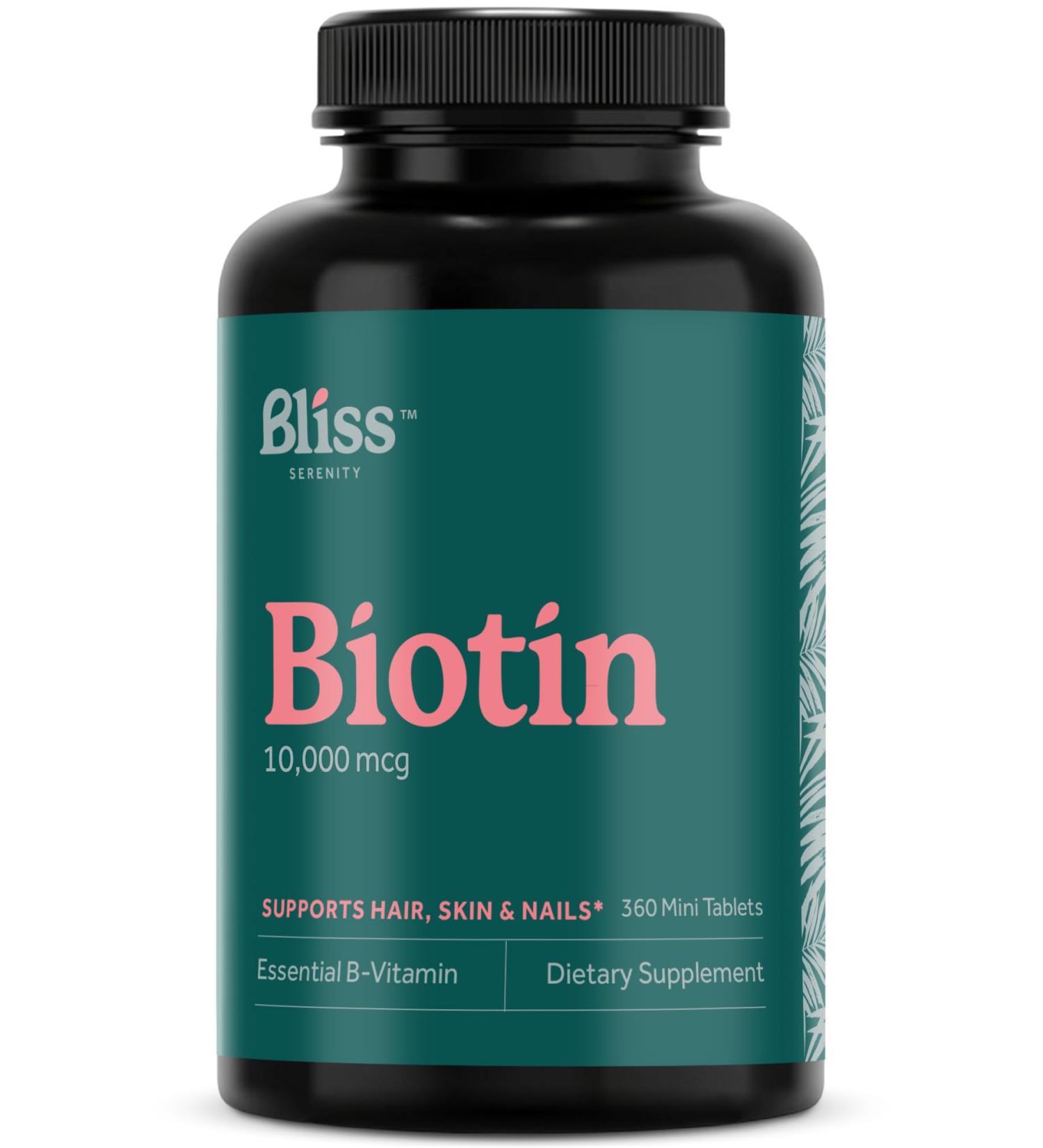 Bliss Serenity Biotin 10000mcg - Max Strength Hair, Skin, and Nails Supplement - 360 Mini Tablets for Women & Men - Energy & Growth Vitamins - Kosher Non-GMO - Buy Online on GoSupps.com