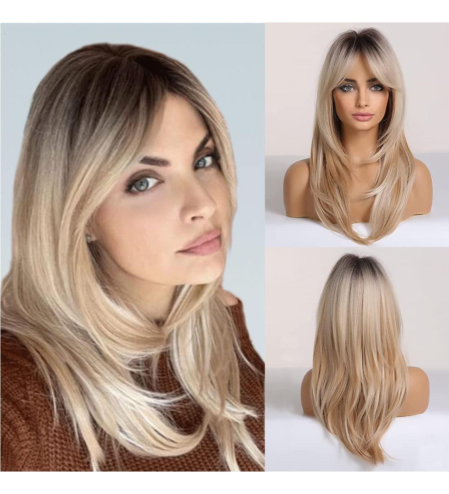 Shop Natural Ombre Blonde Wigs for Women - Long Curly Layered Synthetic Wigs with Fringes for Daily Wear & Parties - Buy Online on GoSupps.com
