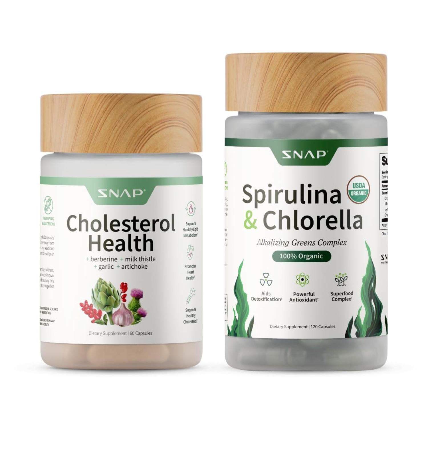 Snap Supplements Cholesterol Health + Organic Spirulina and Chlorella Bundle 60 + 120 Vegetarian Capsules - Buy Online on GoSupps.com