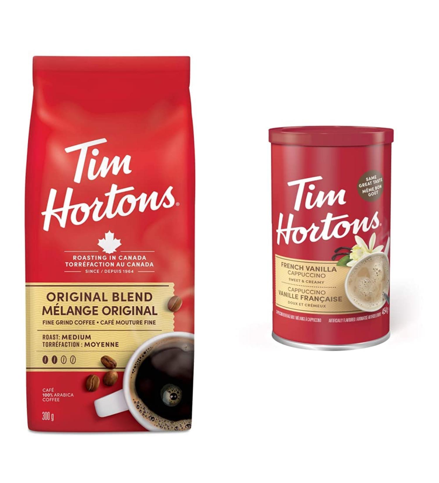 Tim Hortons Original Coffee Fine Grind Bag Medium Roast 300g & Instant Cappuccino French Vanilla 16 Ounce Coffee Original Blend + Instant Cappuccino 1 Count (Pack of 1) - Buy Online on GoSupps.com