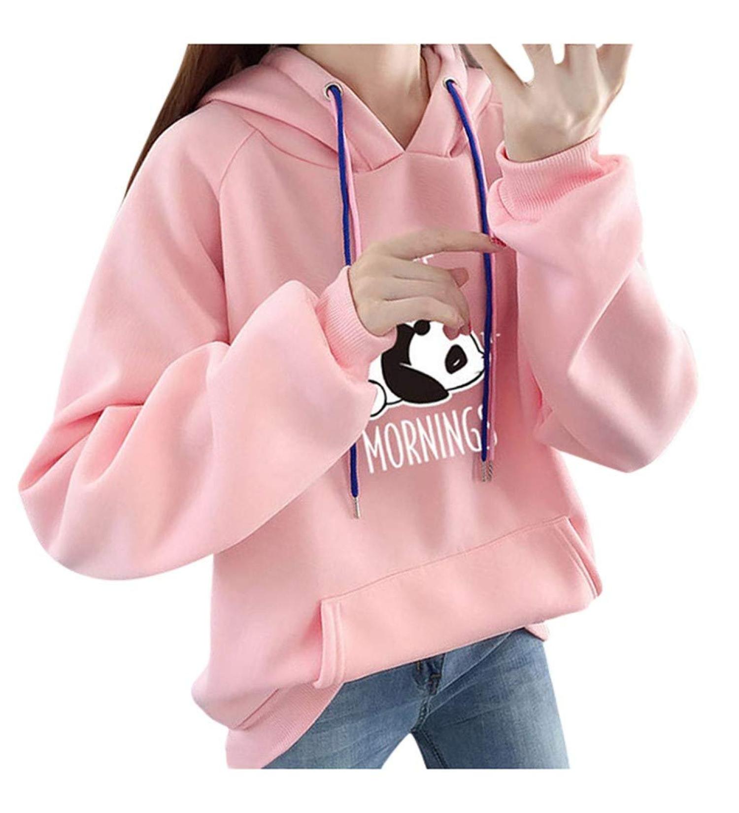 Bigfanshu Women's Dresses Autumn Hoodies Character Print I Hate Morinings Sweatshirt with Pocket Pink - Buy Online on GoSupps.com