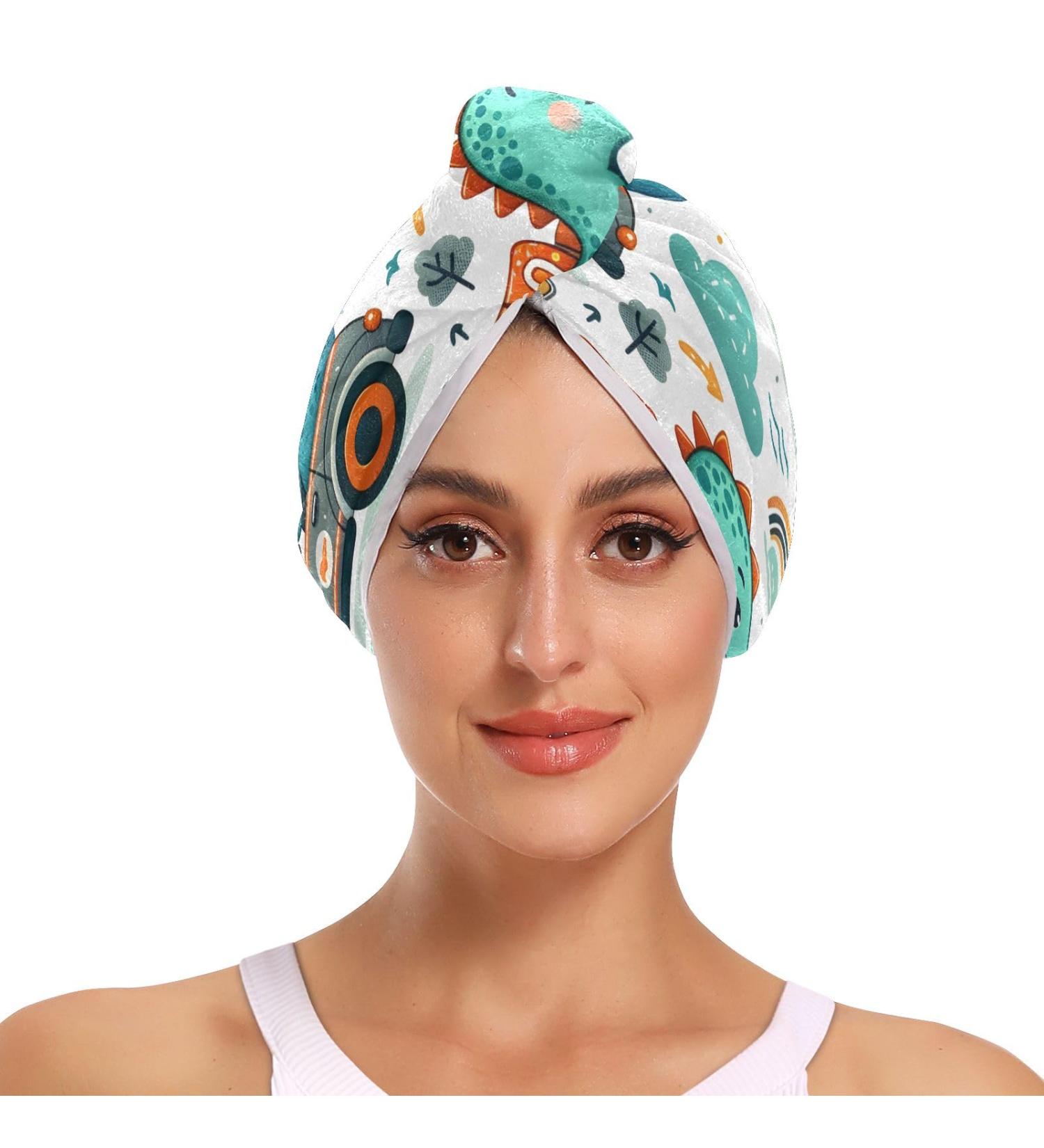 Cute Dinosaur Car Cartoon Hair Towel 2 Pack | Super Absorbent Quick Dry Hair Turbans for Women & Girls - Buy Online on GoSupps.com