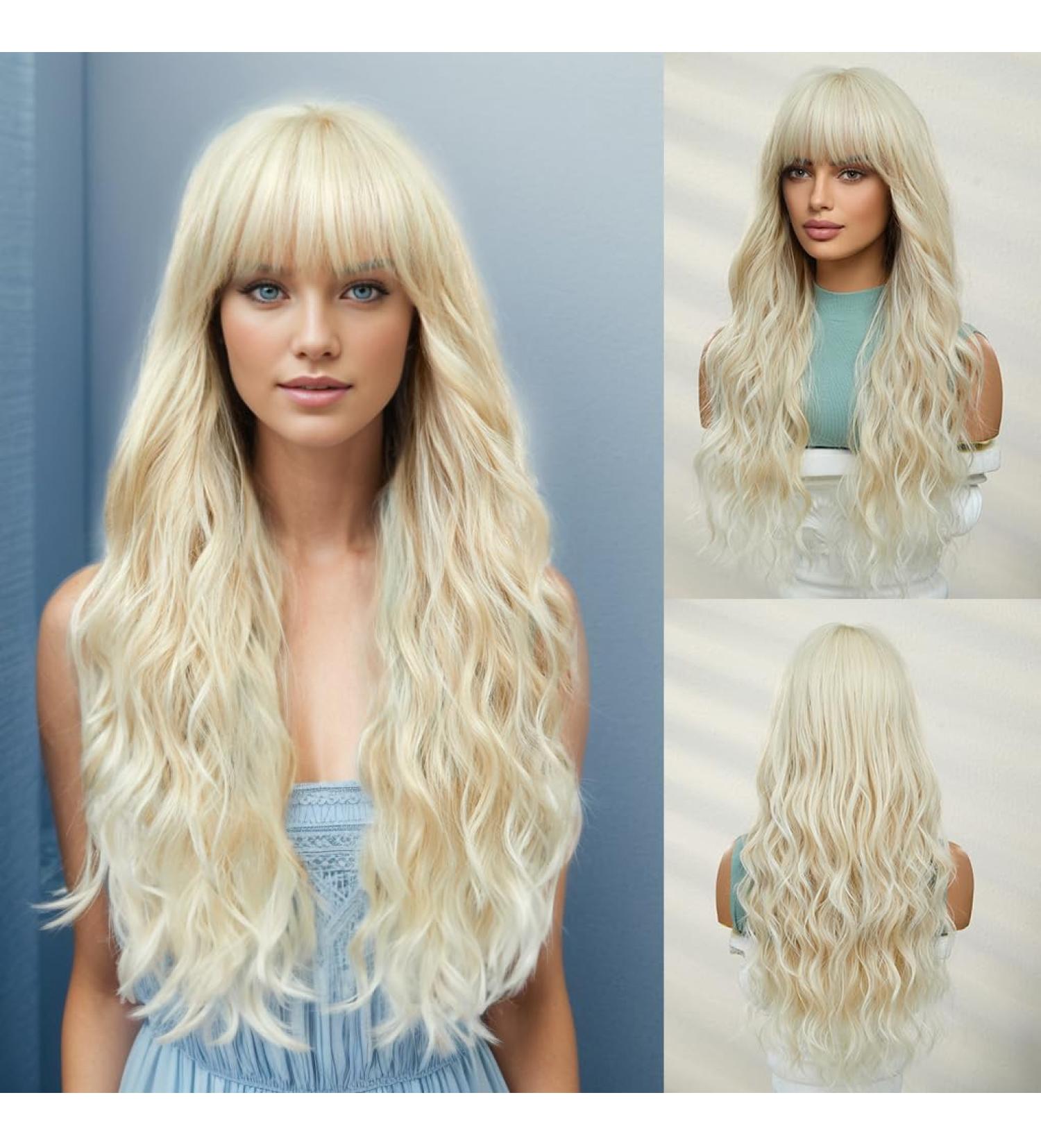 Oefei Long Platinum Blonde Wigs for Women | Natural Wavy Synthetic Heat-Resistant Party & Cosplay Wear - Buy Online on GoSupps.com