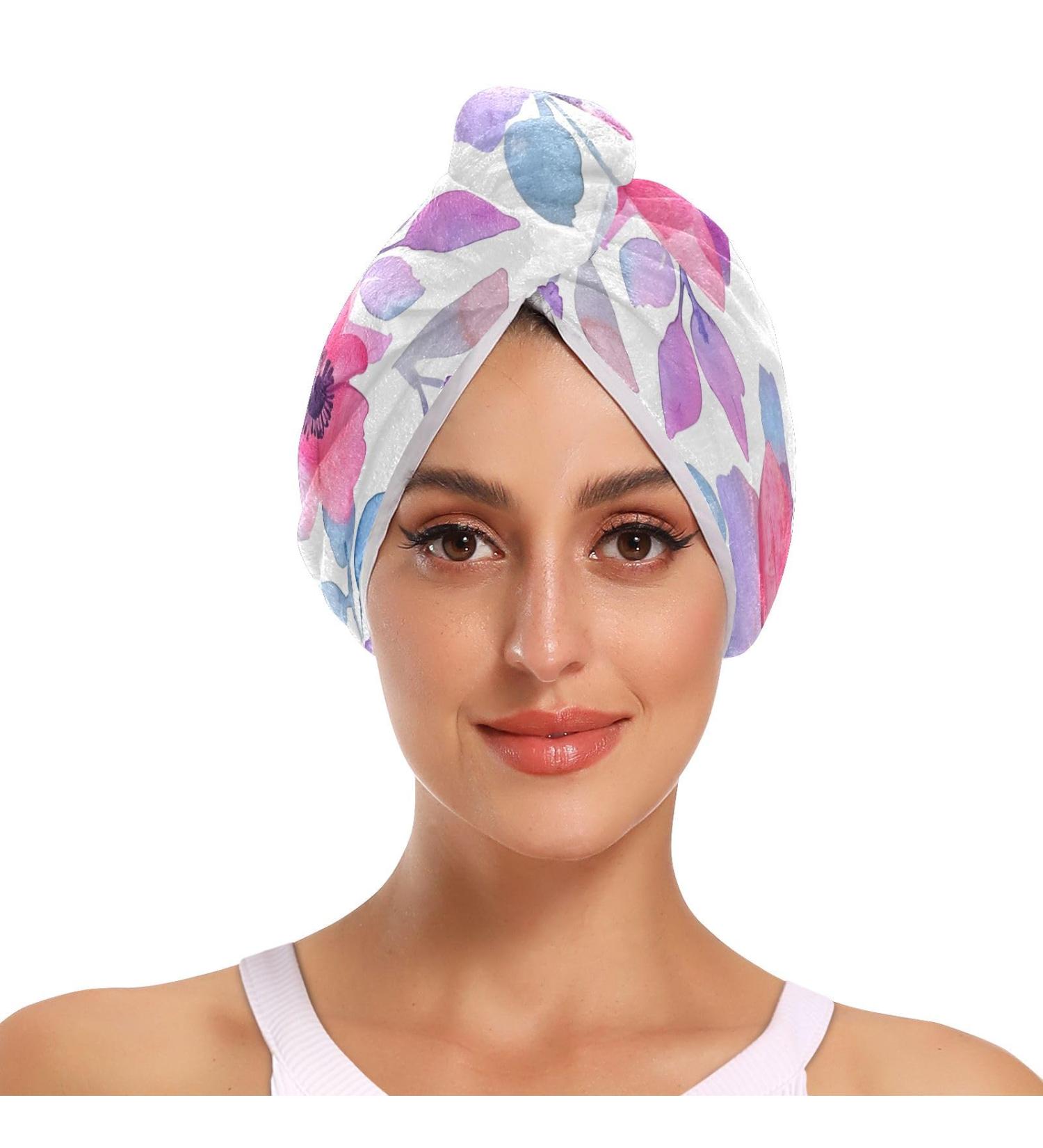 Watercolor Purple Flowers Hair Towel 2 Pack - Super Absorbent Quick Dry Turbans for Women & Girls - Buy Online on GoSupps.com