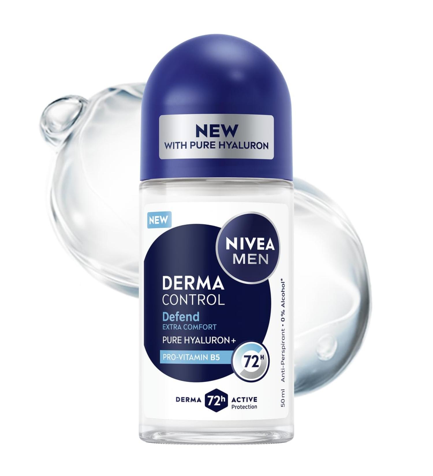 NIVEA MEN Derma Control Defend Anti-transpirant pour Hommes Roll on - Protection 72h avec Acide Hyaluronique et Provitamine B5 50 ml - Buy Online on GoSupps.com