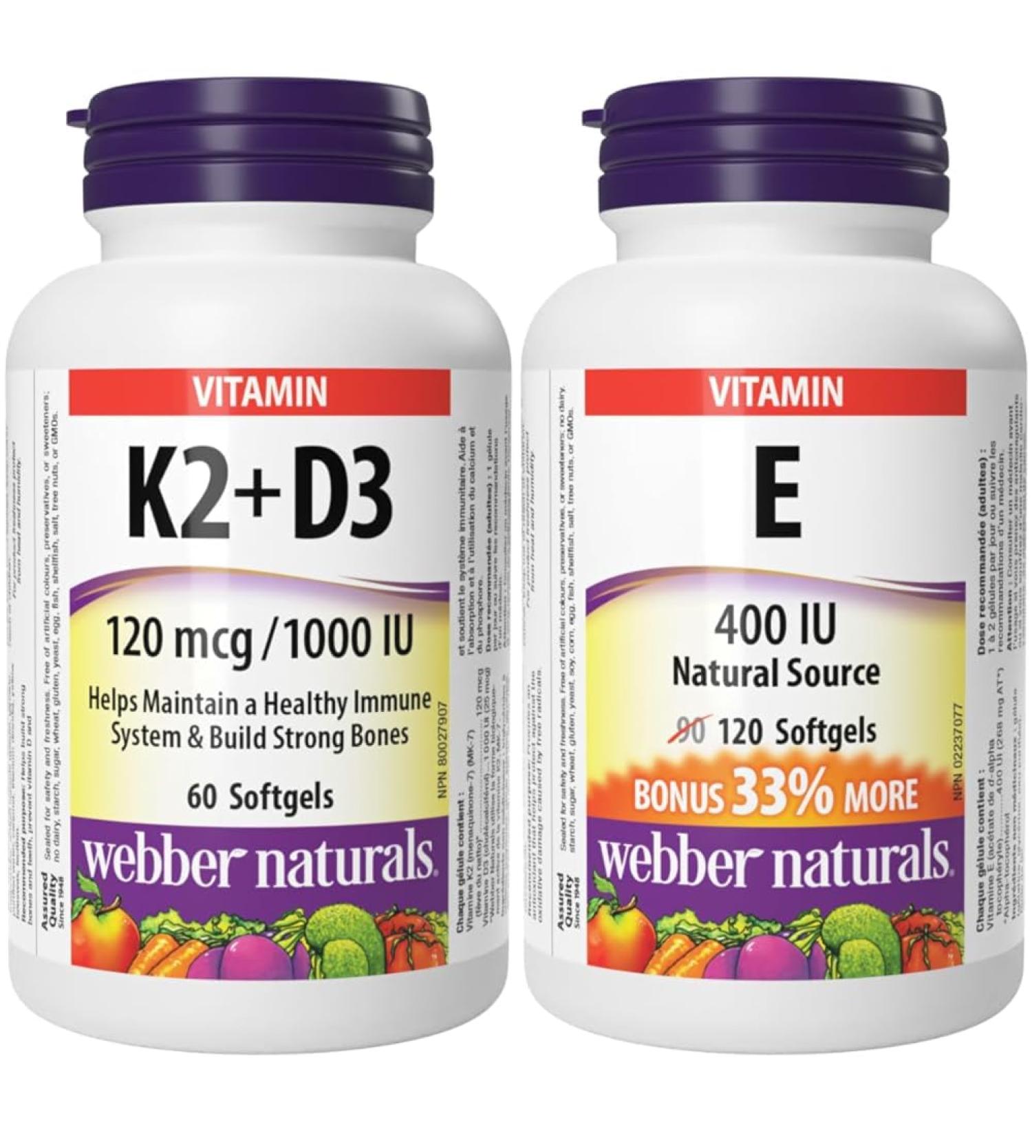 Webber Naturals Vitamin K2 with D3 60 Softgels Helps Support Bones Teeth and Immune Function Gluten & Dairy Free & Vitamin E 400 IU 120 Softgels Natural Source of Vitamin E Vitamin+ Softgel - Buy Online on GoSupps.com