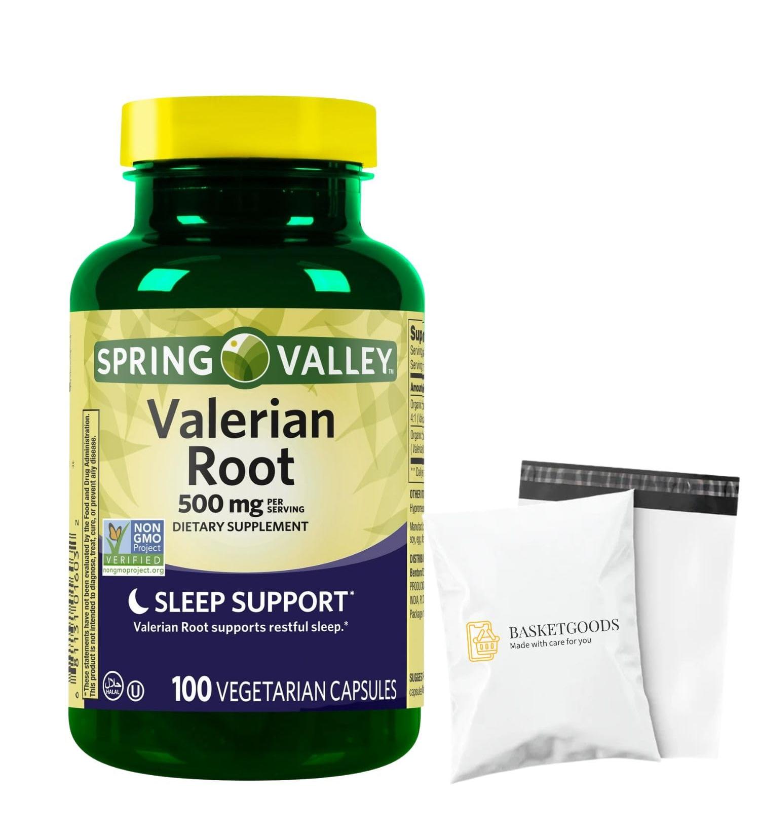 Spring Valley Valerian Root 500 mg Vegetarian Capsules 100 Count Natural Relaxation & Calmness - Set by Basket Goods - Buy Online on GoSupps.com