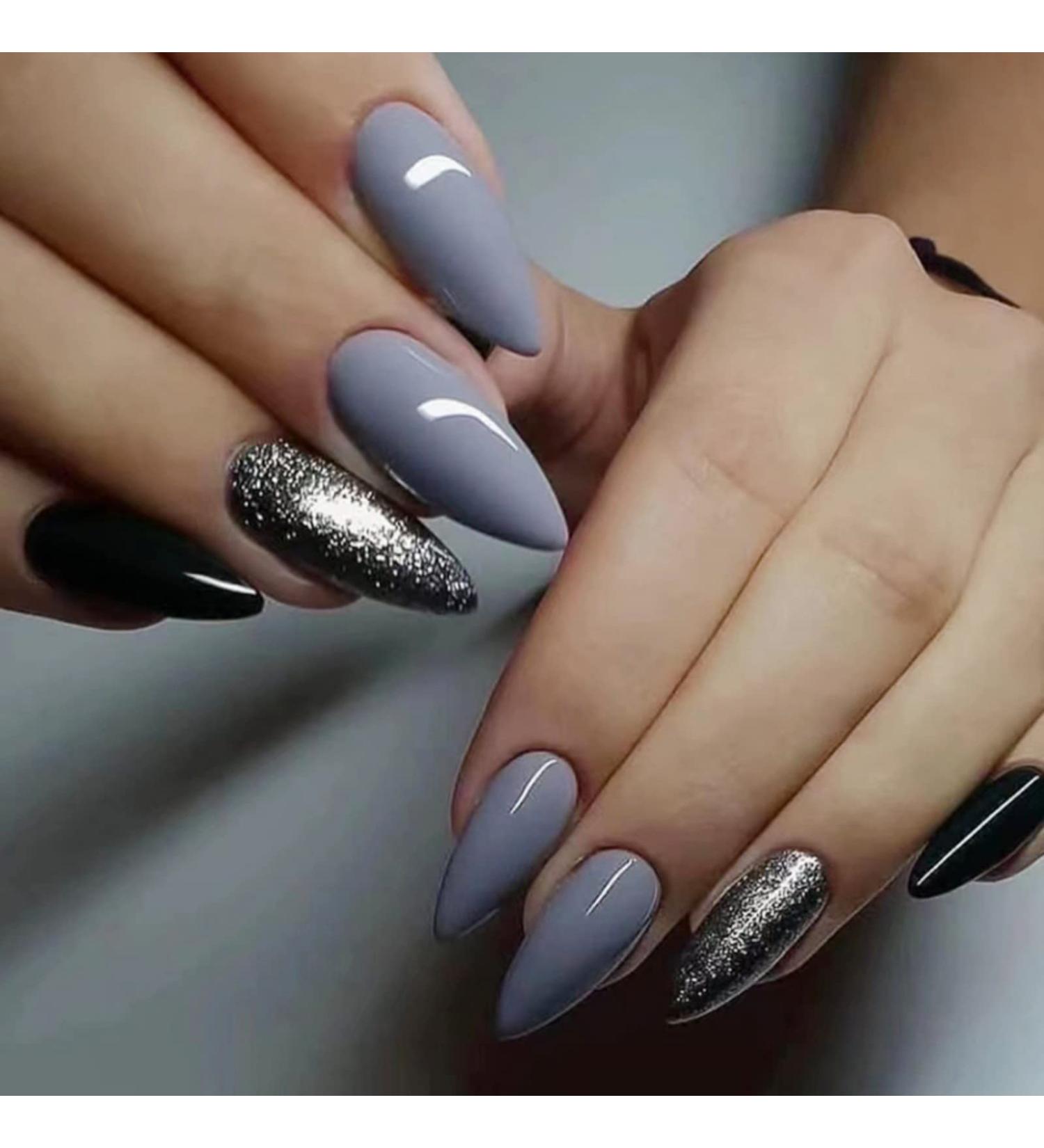 JUSTOTRY 24 Pcs Glitter Stiletto False Nails Short - Grey & Black French Almond Fake Nails with Nail Glue - Women's Nail Art Set - Buy Online on GoSupps.com