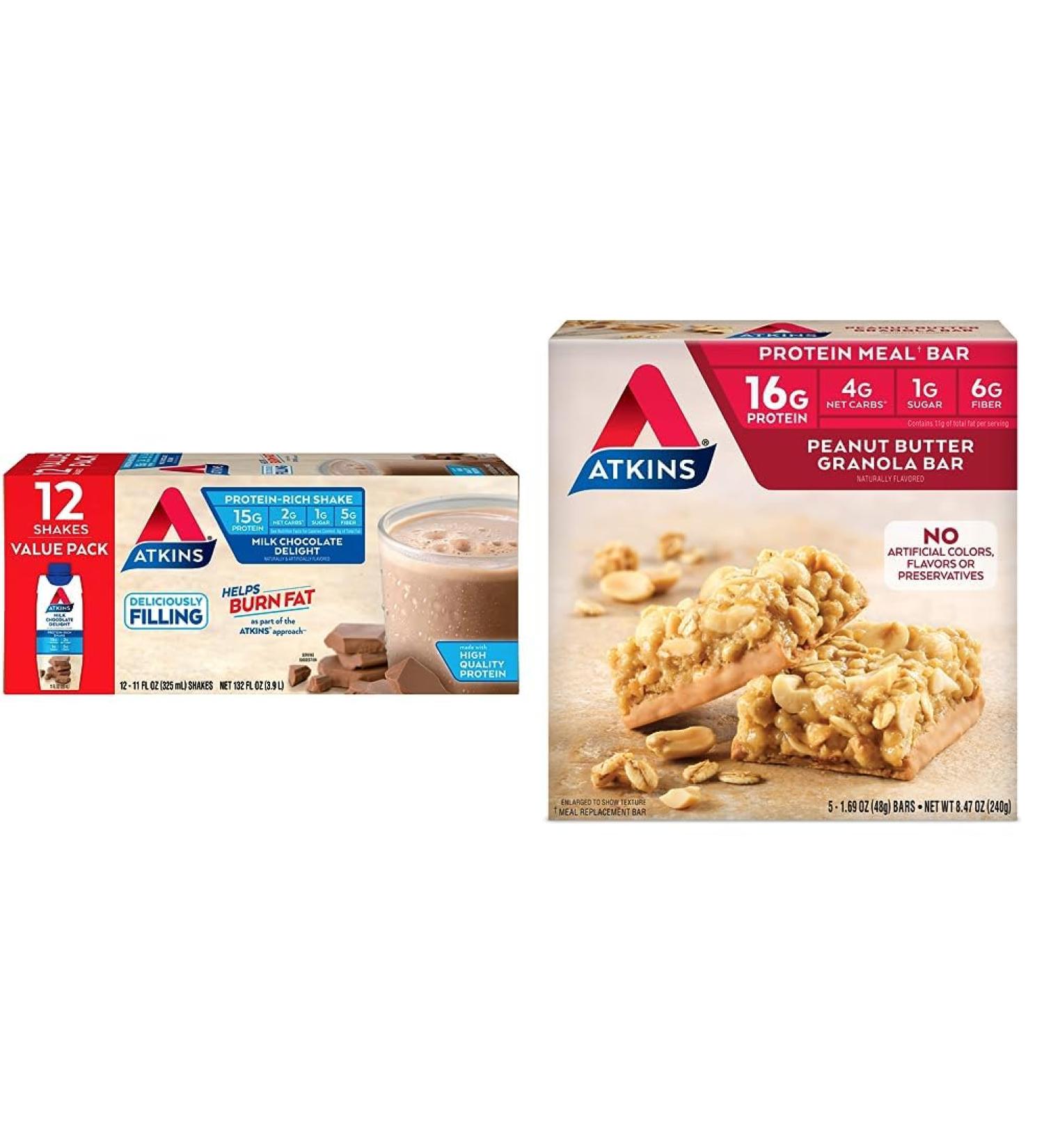 Atkins Gluten Free Protein-Rich Shake Milk Chocolate Delight Keto Friendly (Pack of 12) 11 Fl Oz & Peanut Butter Granola Protein Meal Bar. Crunchy and Creamy. Keto-Friendly. (5 Bars)