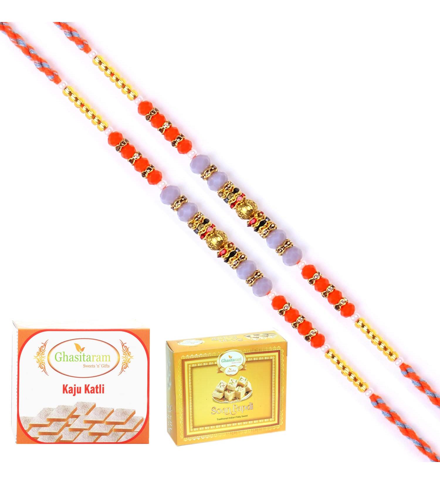 Ghasitaram Gifts Rakhi for Brother Rakhis Online - Set of 2-6497 Fancy Thread Rakhi with 200 GMS of Kaju katli and 200 GMS of Soan Papdi 2 Rakhis with 200 gms of Kaju katli and Soan Papdi - Buy Online on GoSupps.com