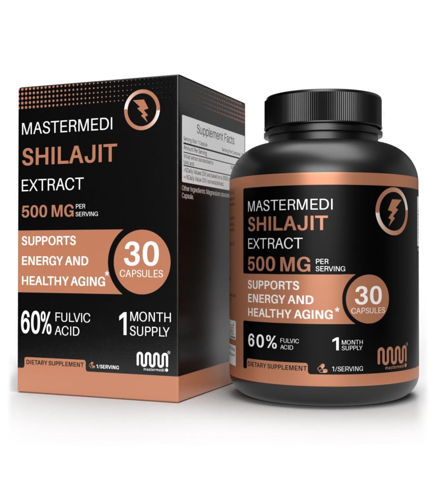 MasterMedi Shilajit 500mg Himalayan Extract Standardized to Fulvic Acid Energy Stamina & Vitality Support 30 Vegan Capsules Non-GMO Gluten-Free No Fillers - Buy Online on GoSupps.com
