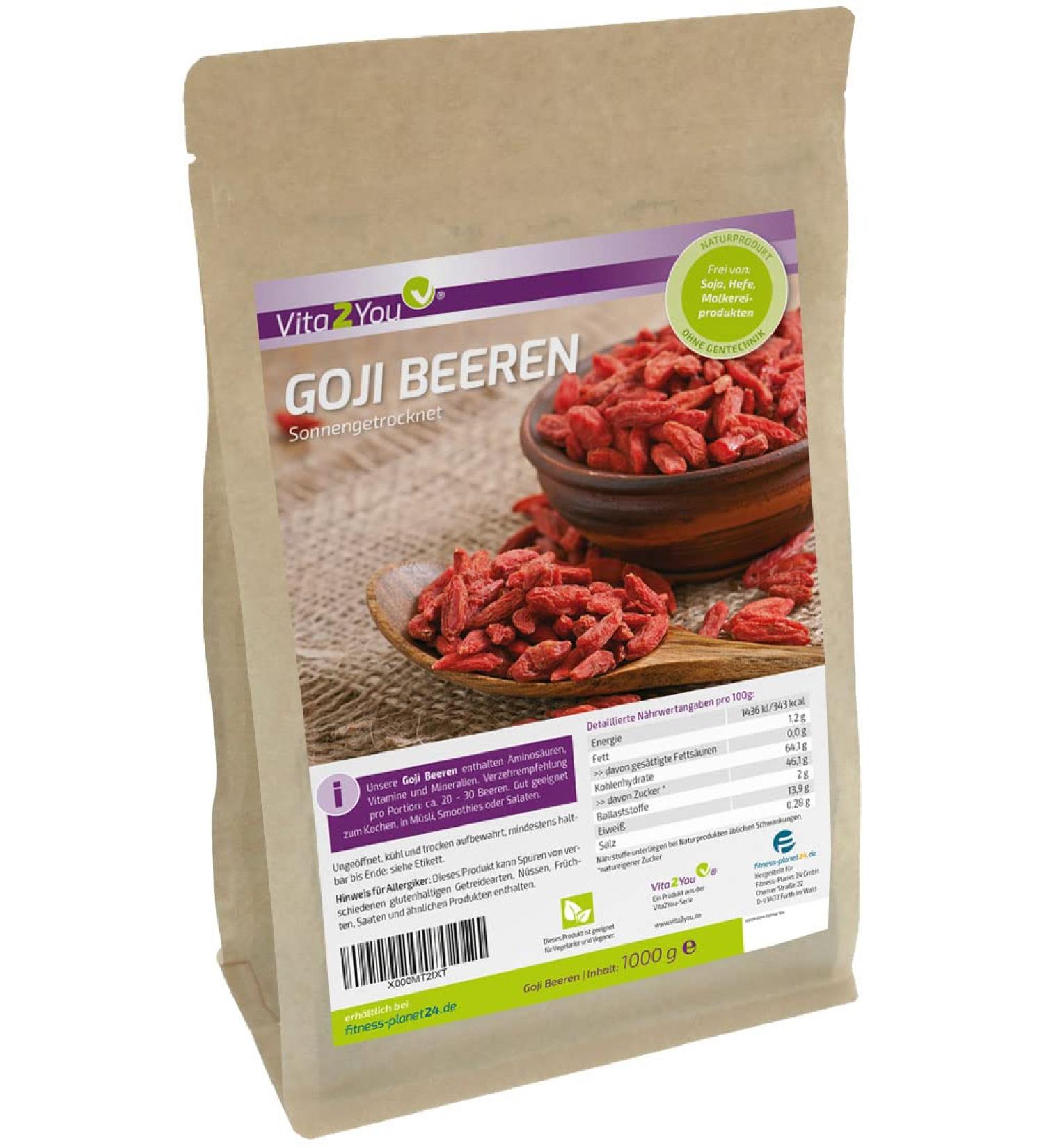 Buy Premium Vita2You Goji Berries 1kg - Unsulfured Sun-Dried Wolfberries - Additive-Free - International Shipping Available - Buy Online on GoSupps.com