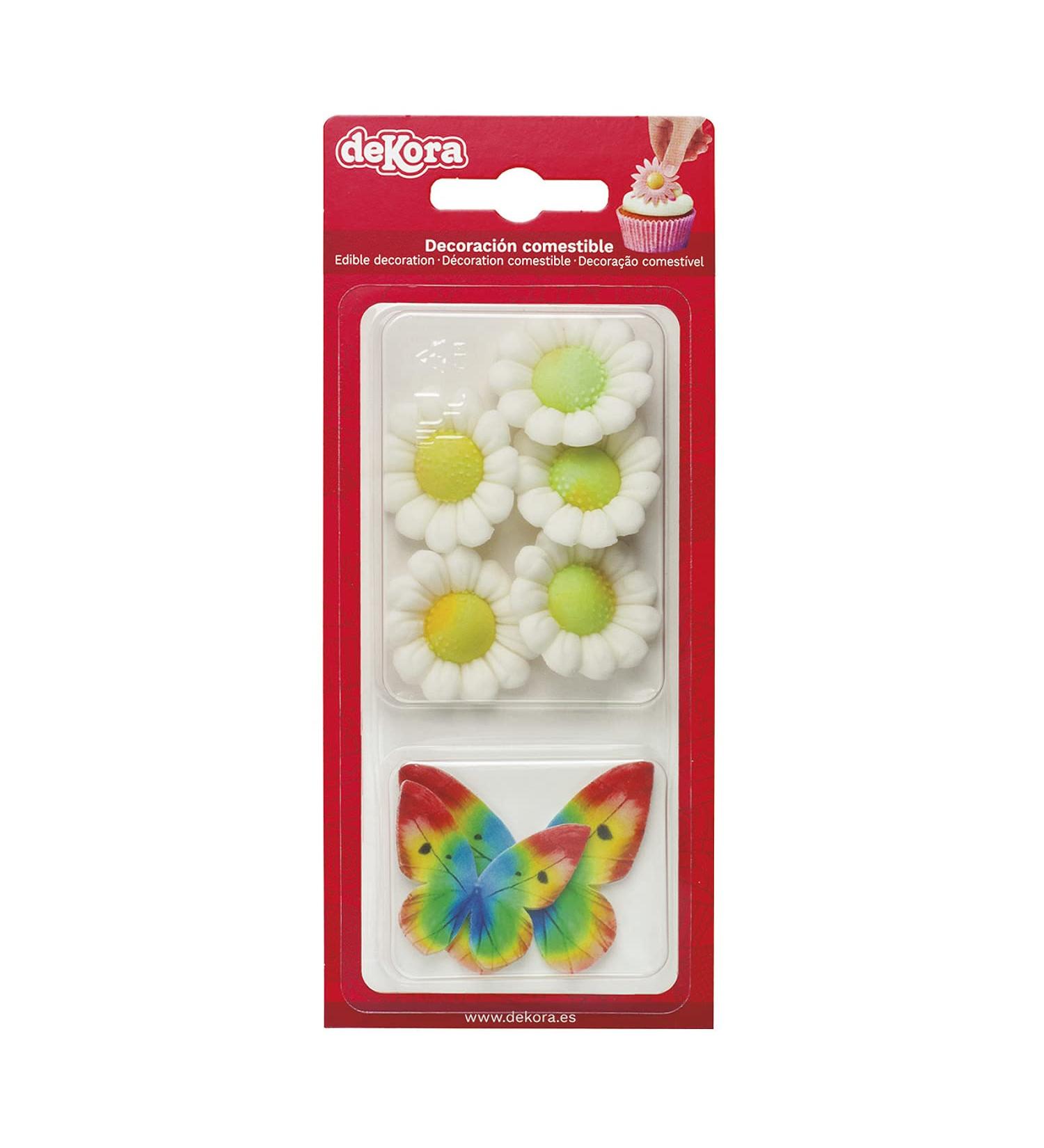 Dekora - Box of 5 White Sugar Flowers and 4 Multicoloured Wafer Butterflies - Edible Cake Toppers - Sugar Cake Decoration for Birthday Cakes - Buy Online on GoSupps.com